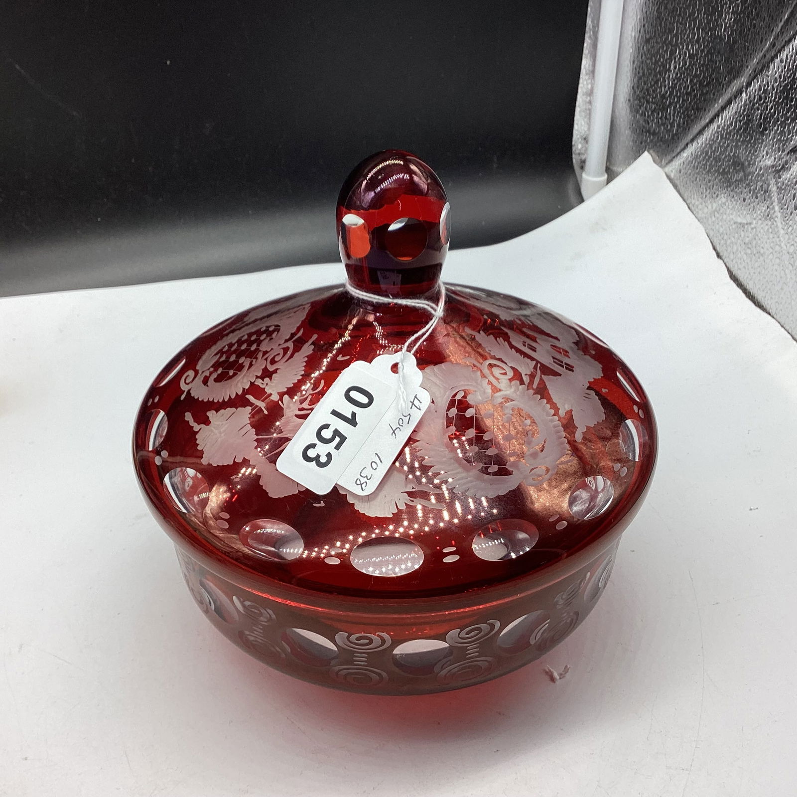 RED CUT TO CLEAR BOHEMAN CANDY & COVER: 7" TALL X 6 1/2" W GOOD SHAPE