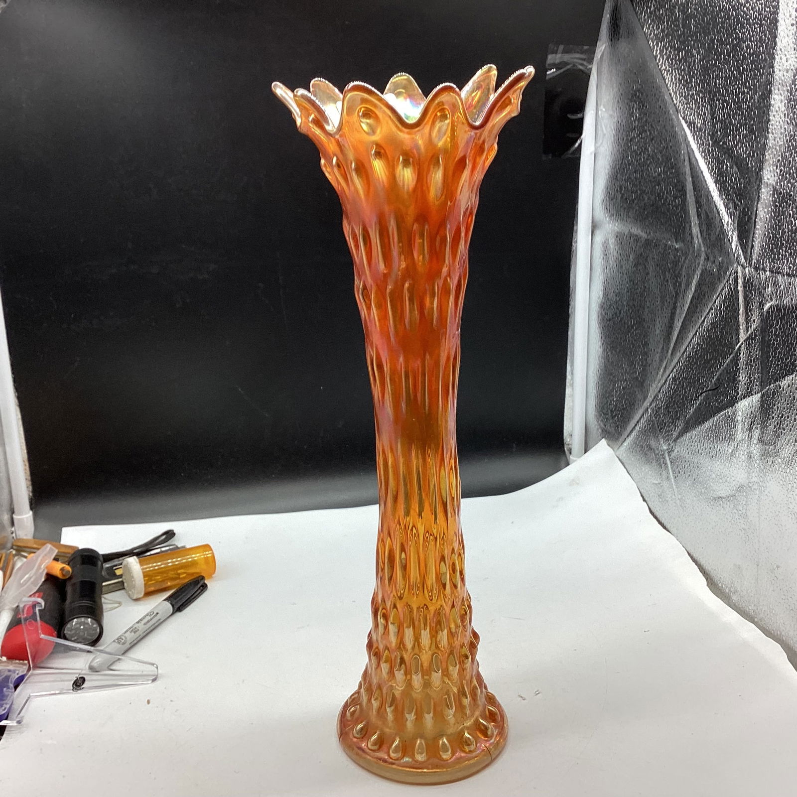 VINTAGE MERIGOLD FENTON RUSTIC TALL CARNVIAL GLASS VASE: 15 1/4" TALL GOOD SHAPE