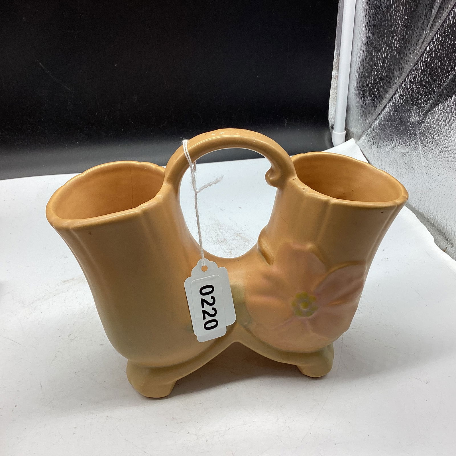 WELLER POTTERY WILD ROSE DOUBLE VASE W/HANDLE: 6 X8 GOOD SHAPE