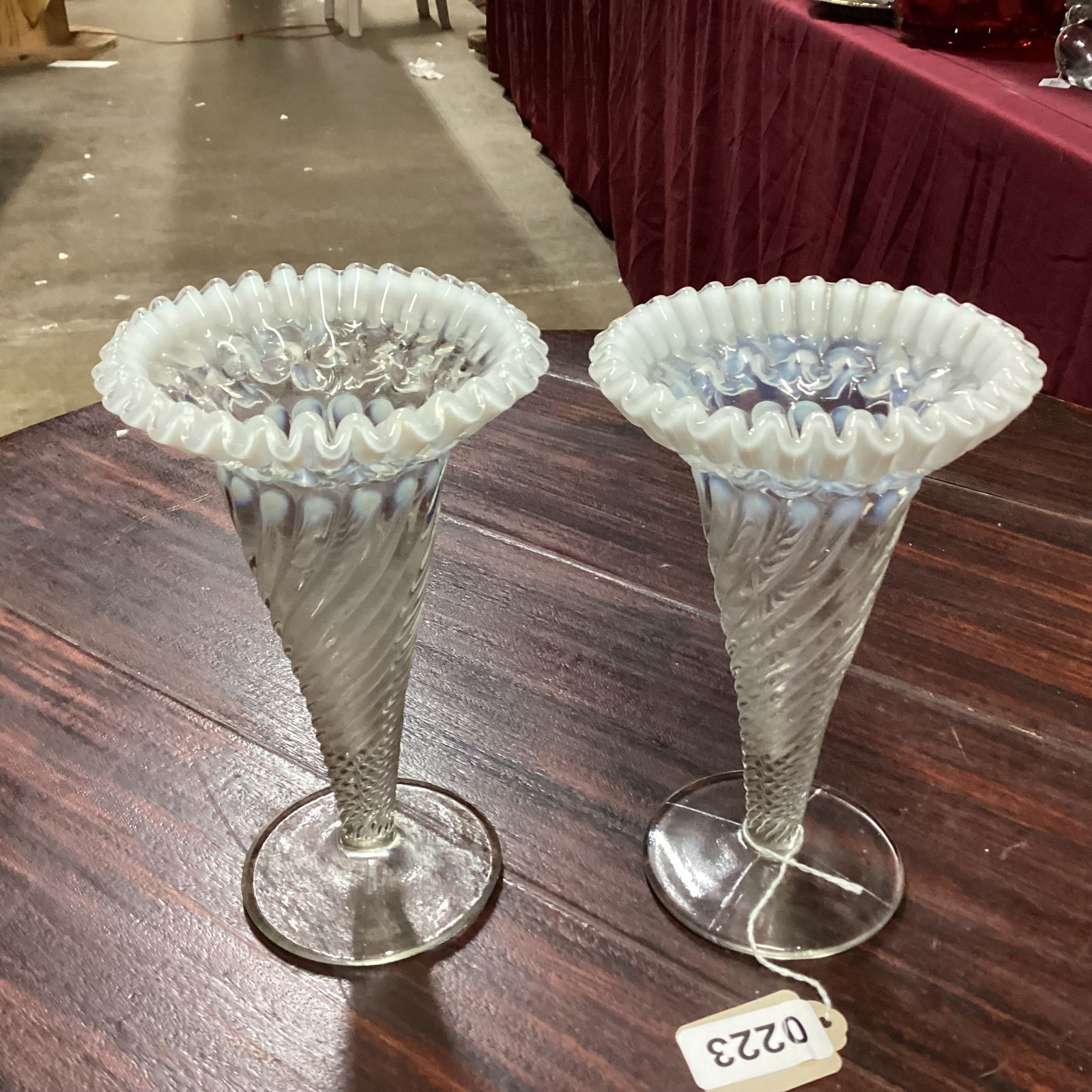 2 JEFFERSON GLASS OPALASCENT RUFFLED TOP VASES: 6 3/4 TALL GOOD SHAPE