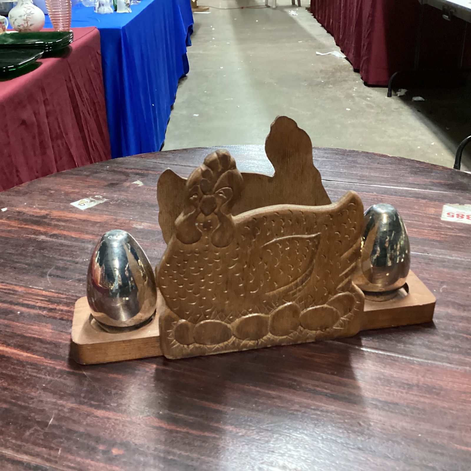 WOODEN CHICKEN NAPKIN HOLDER W/SILVERPLATED SALT & PEPPER: 6 X 12 GOOD SHAPE