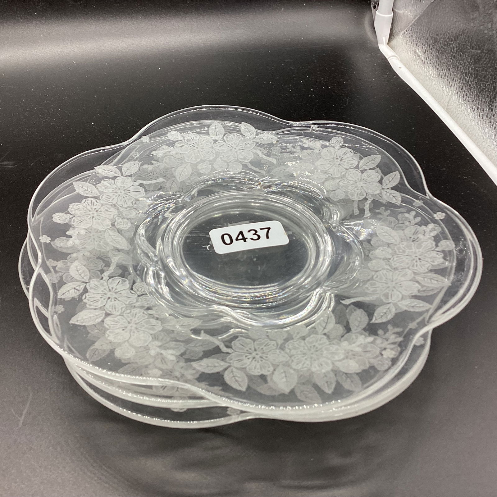 4 DUNCAN & MILLER LANGUAGE OF THE FLOWERS ICE PLATES: 8 3/4 WIDE GOOD SHAPE