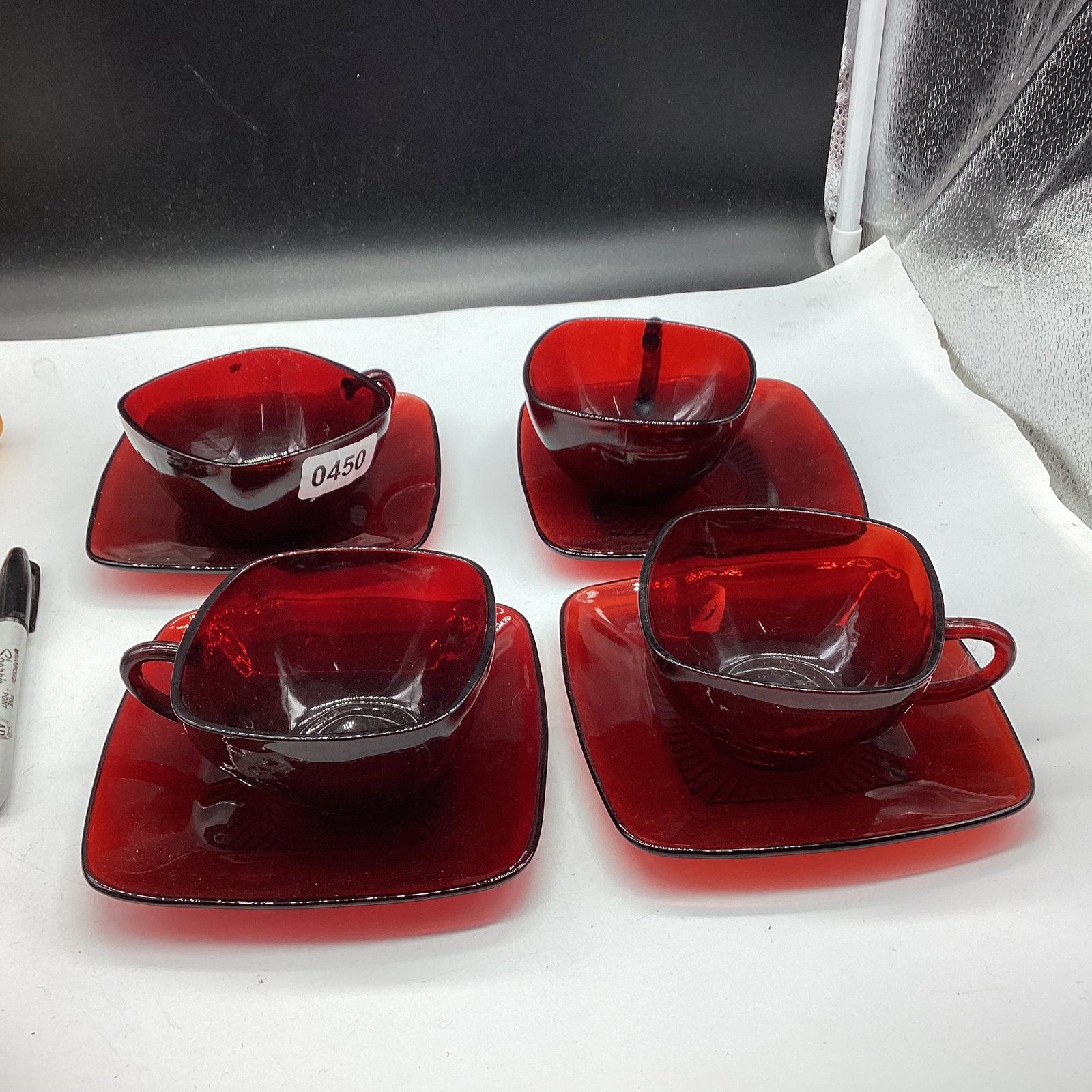 4 DEPRESSIOON ROYAL RUB RED CUP & SAUCERS: GOOD SHAPE