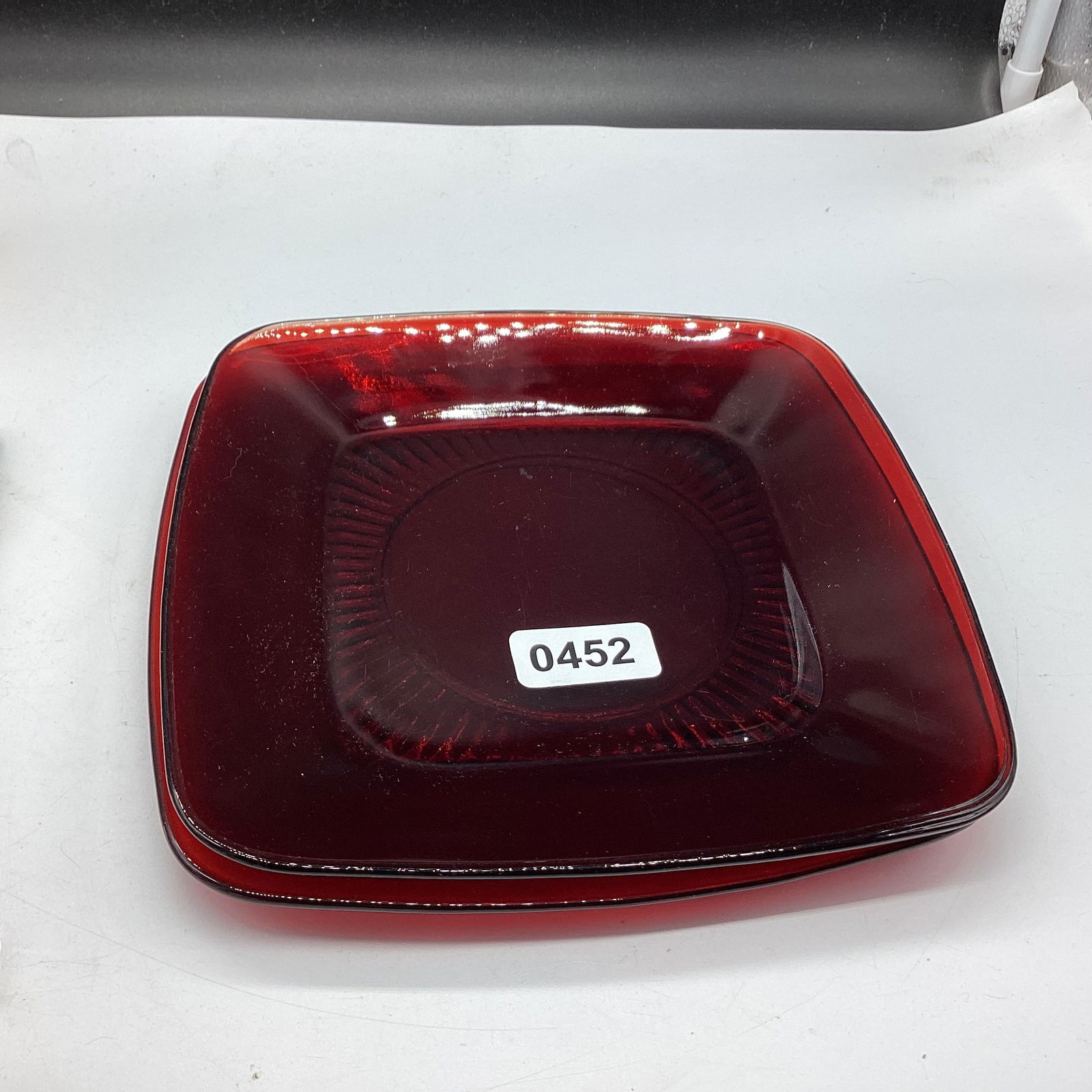 2 DEPRESSION ROYAL RUBY RED DINNER PLATES: 8 1/4" W MINOR SCRATCHES