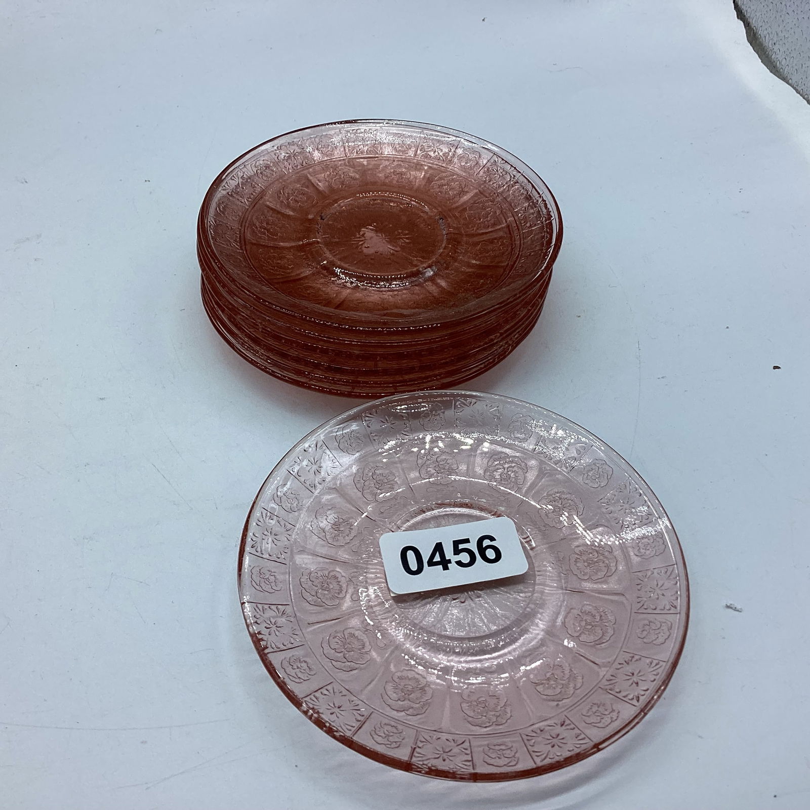 7 DEPRESSION DORIC & PANSY CHILDS SAUCERS: 4 1/2" W GOOD SHAPE