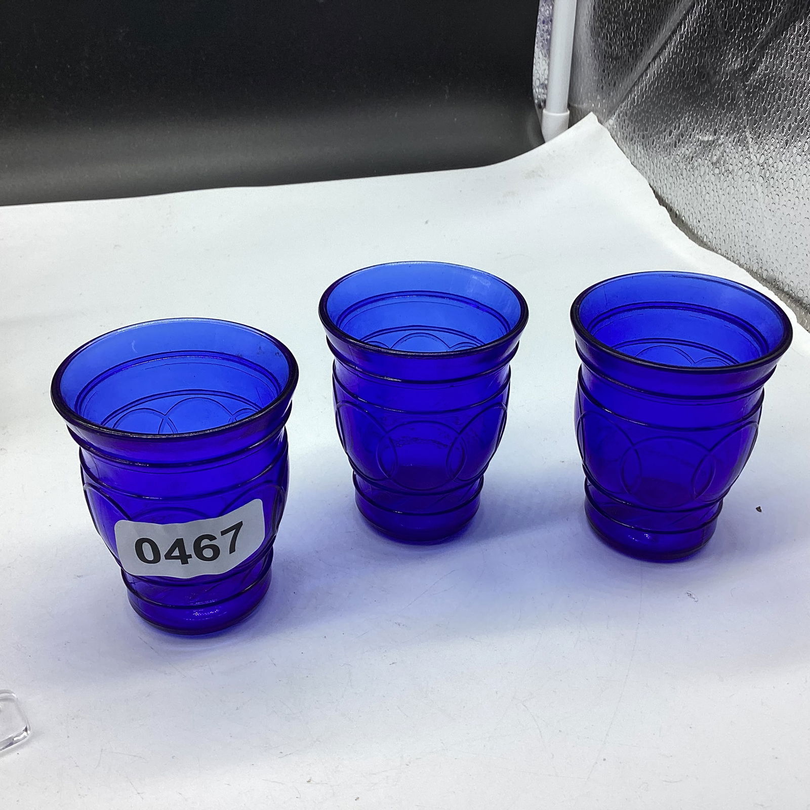 3 DEPRESSION BLUE RING O RINGS DOUBLE SHOT GLASS: 2 3/4 TALL GOOD SHAPE