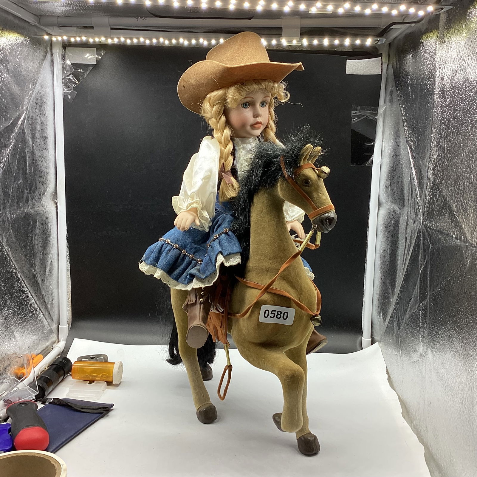 COW GIRL ON HORSE: 18" USED CONDITION