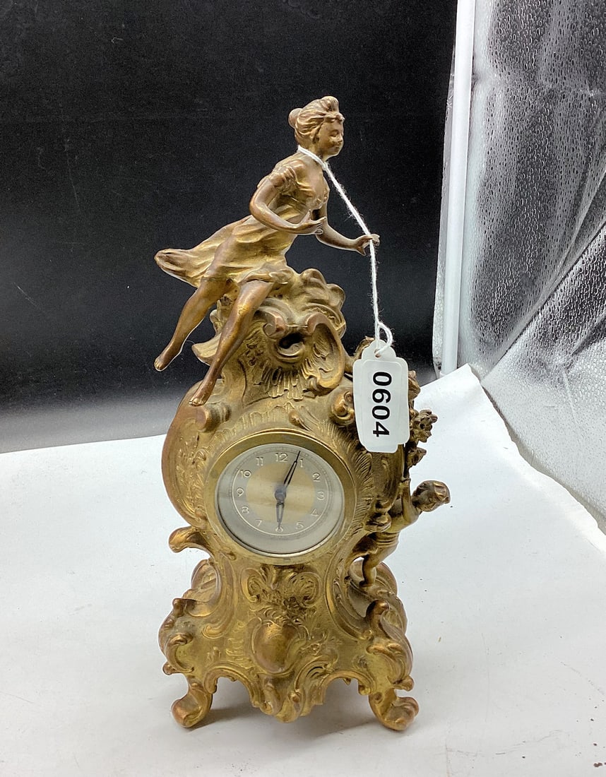 VINTAGE TILT BRONZE ART NOVEAU CLOCK GERMANY: 5" W X11" TALL USED CONDITION
