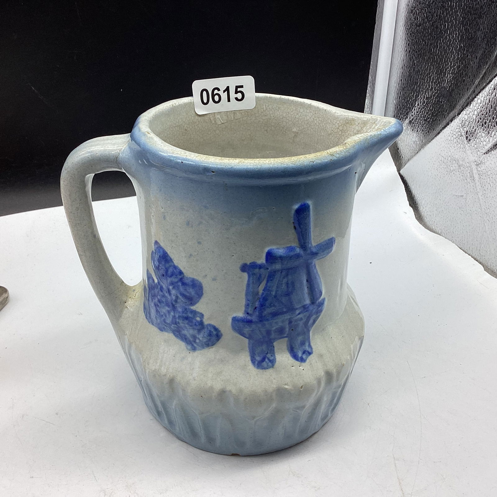 VINTAGE BLUE & WHITE STONEWARE WINDMILL & BUSH PITCHER: 7" TALL GOOD SHAPE