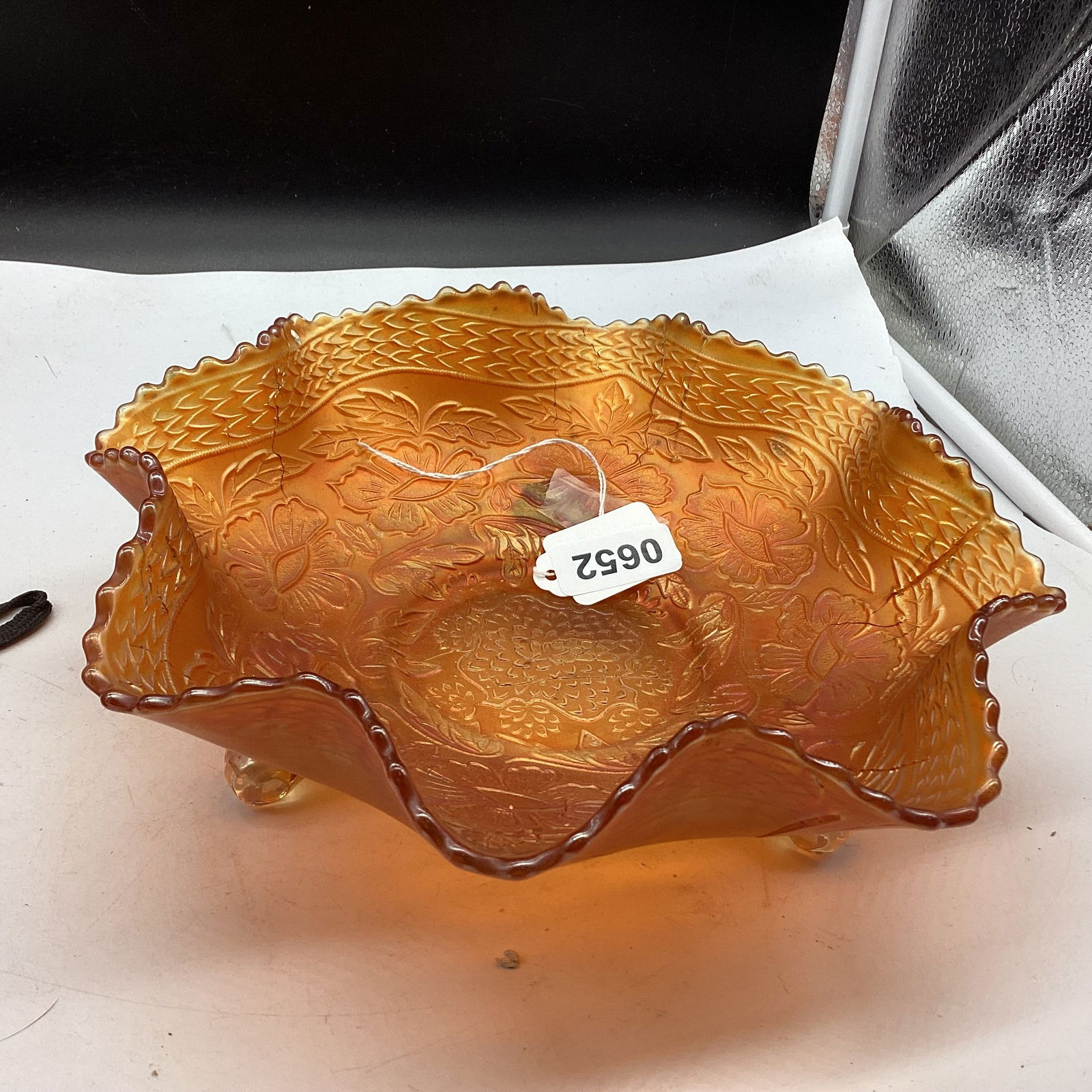 VINTAGE 2 FLOWERS PATTERN 3 FOOTED CARNIVAL BOWL BY FENTON: 3 3/4 X 9 3/4 HAS STRAW MARKS WHEN MADE GOOD