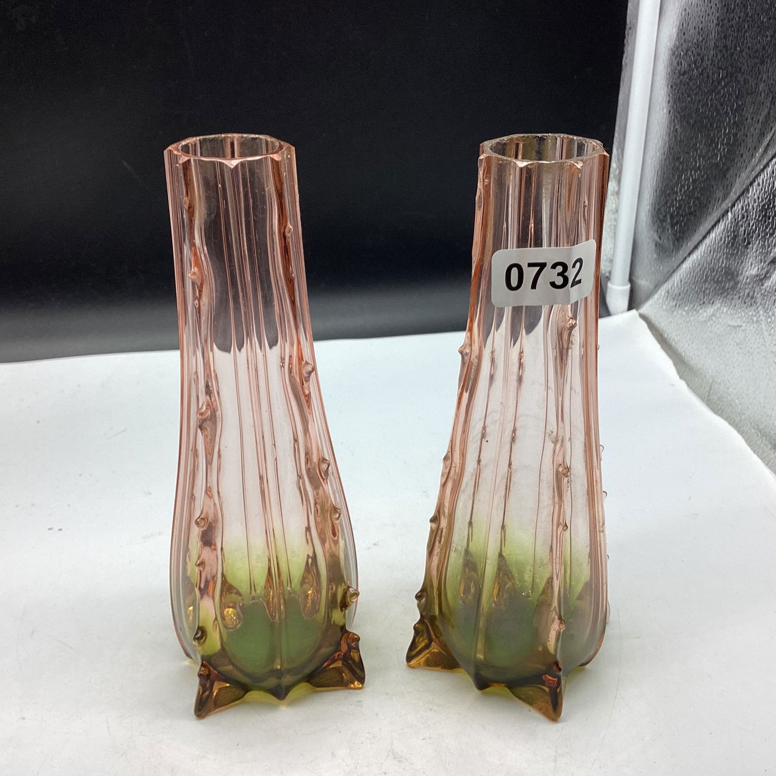 PAIR OF CZEHOSLOVAKIA VASES: 8" T X 3 1/2" W GOOD SHAPE