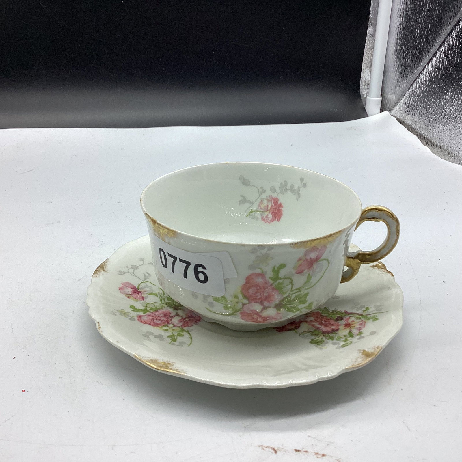HAND PAINTED PORCELIAN L CUP & SAUCER J P FRANCE: GOOD SHAPE