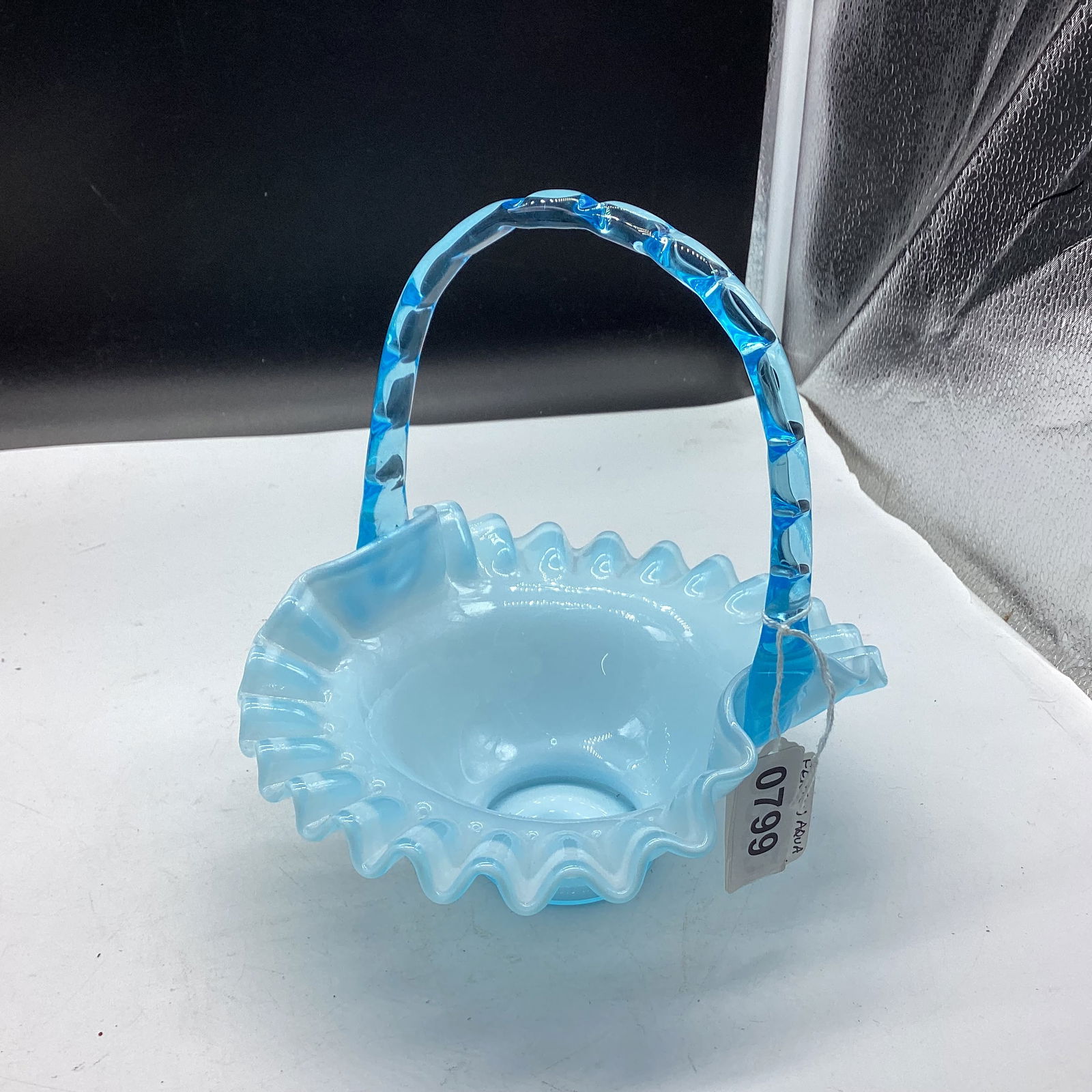 FENTON OVERLAY MELON BASKET APPLIED BLUE HANDLE (1 of 1)