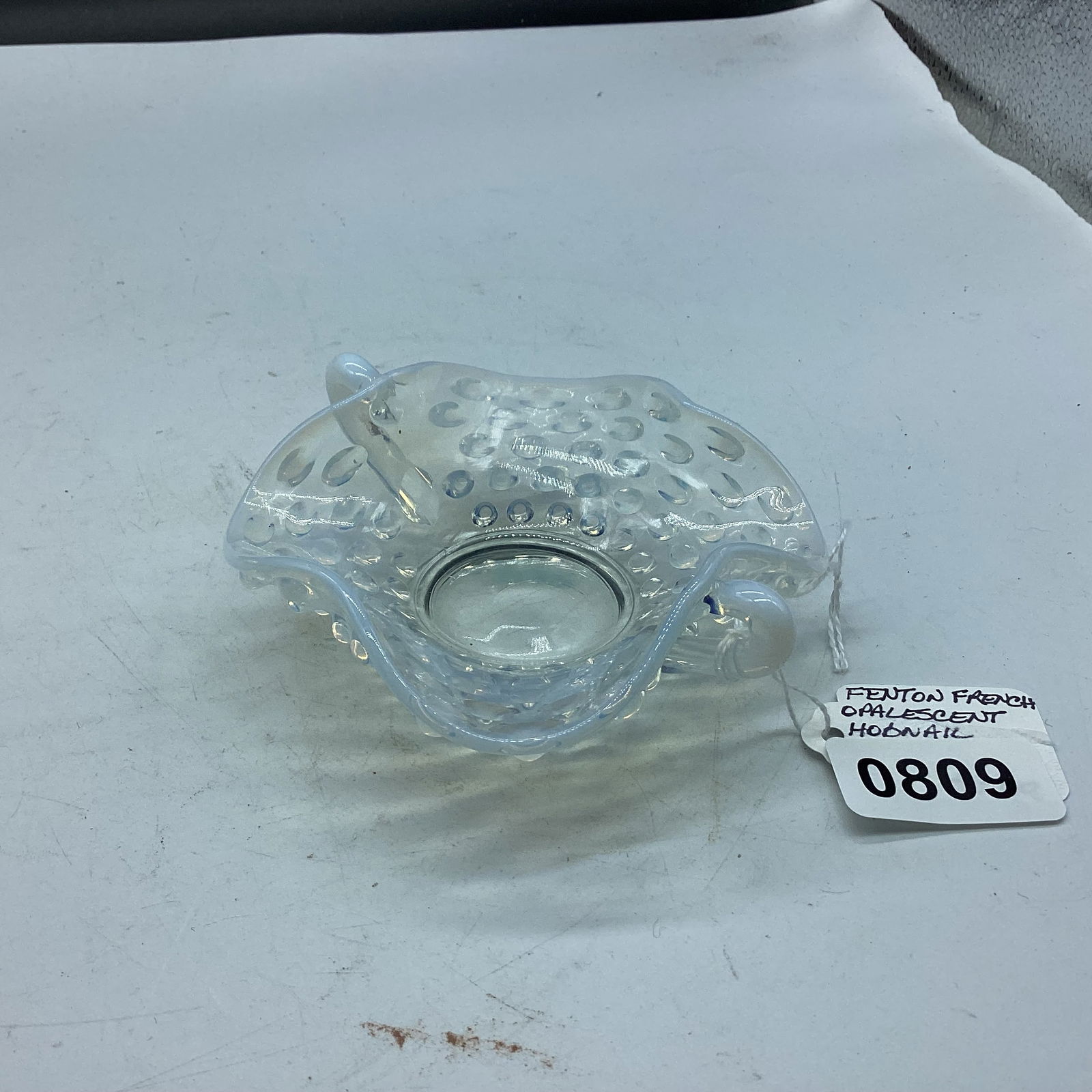 FENTON BLUE OPALASCENT HOBNAIL 2 HANDLE DISH: 1 1/2 X 4 1/8 GOOD SHAPE