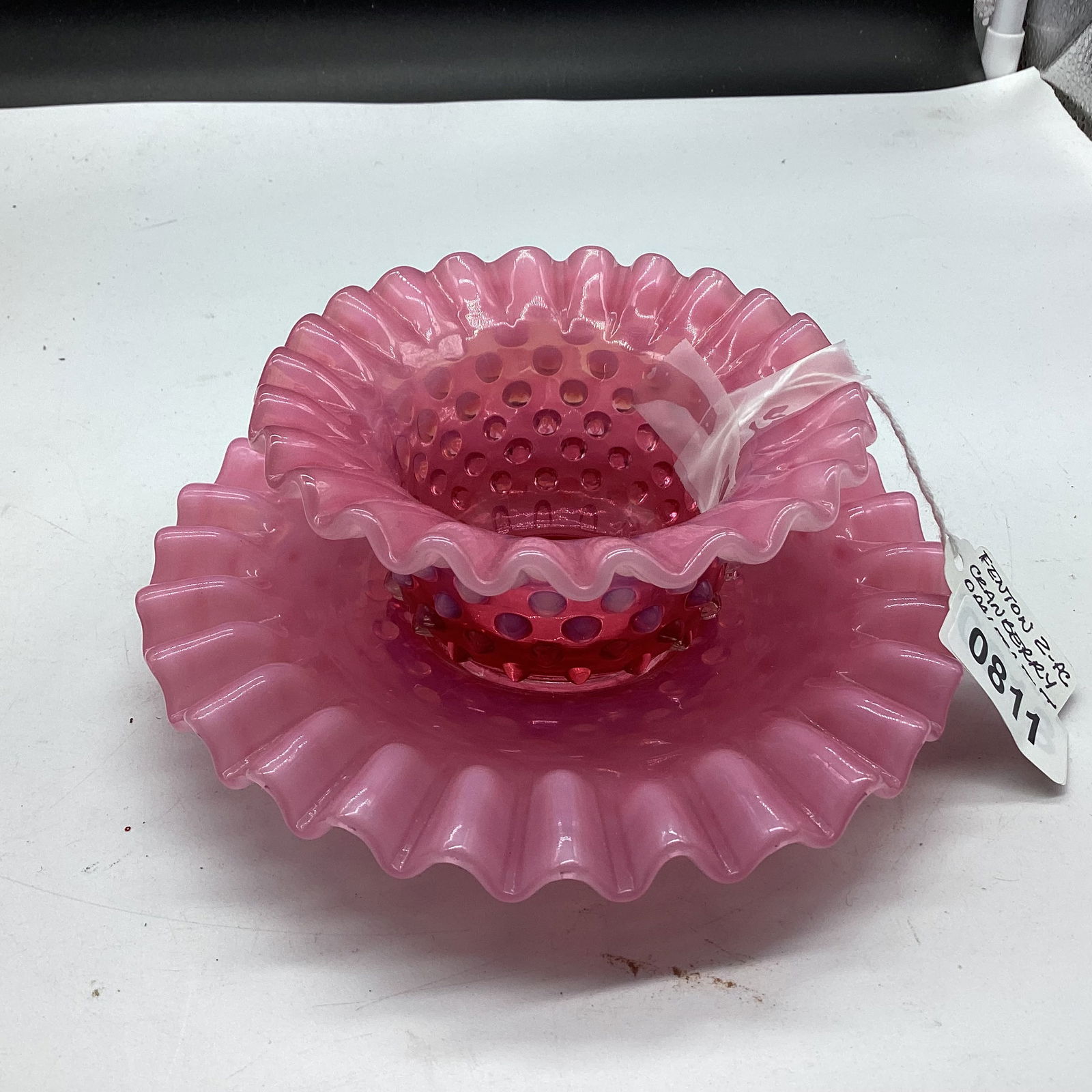FENTON HOBNAIL OPALASCENT SALUCE BOWL & UNDER PLATE: PLATE 6 1/2 W BOWL 2 1/2 T X 4 3/4W GOOD SHAPE