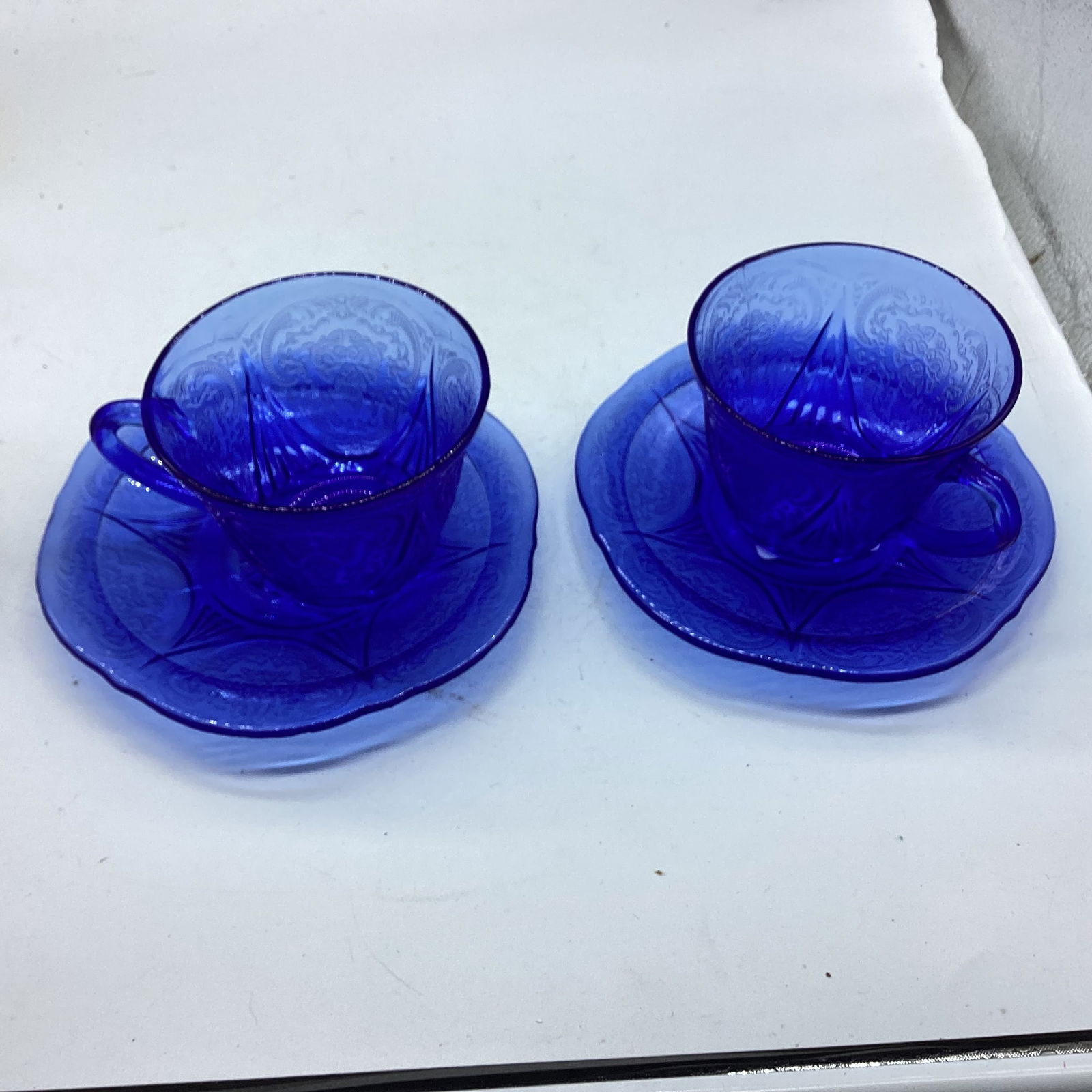 2 DEPRESSION BLUE ROYAL LACE CUP & SAUCERS: GOOD SHAPE
