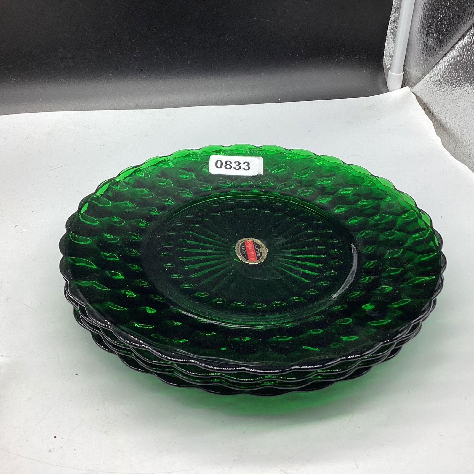 4 DEPRESSION GREEN BUBBLE DINNER PLATES ORIGINAL STICKER: 9 1/4" WIDE GOOD SHAPE