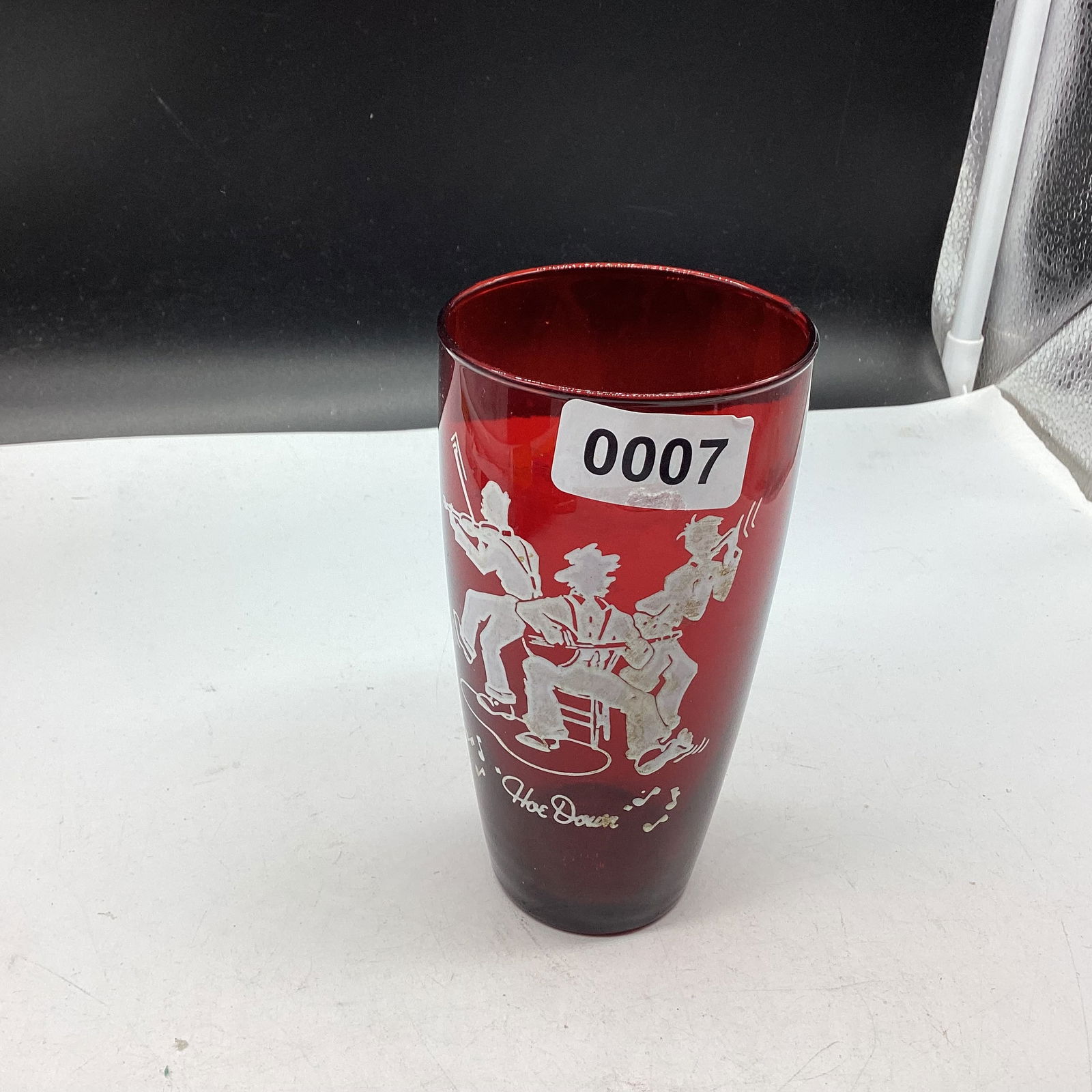 DEPRESSION RUBY RED HAND PAINTED HOE DOWN DESIGN TUMBLER: 5 1/2" TALL GOOD SHAPE