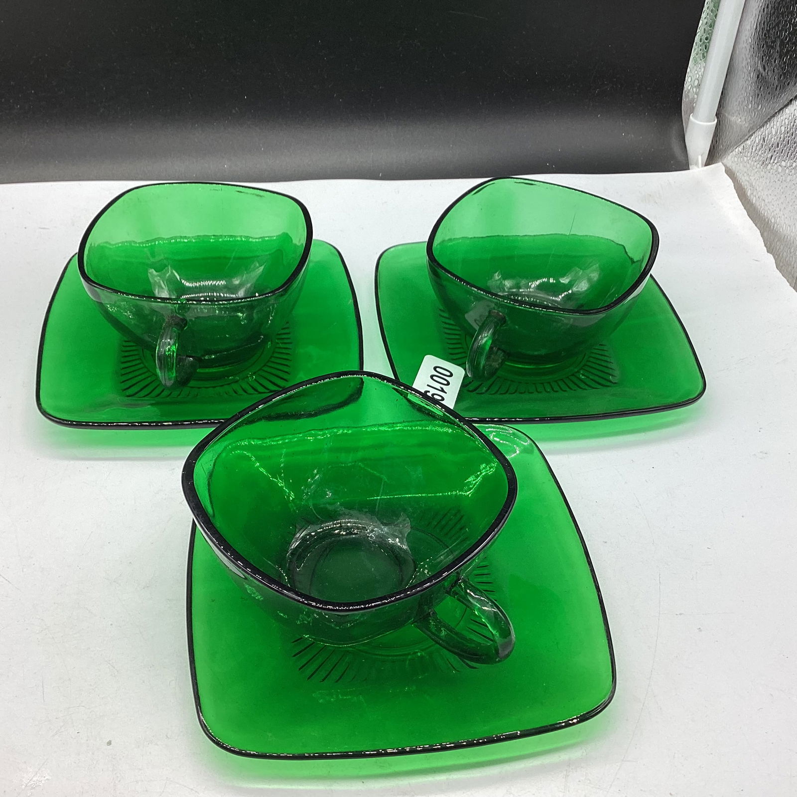 3 1950'S FOREST GREEN CUP & SAUCERS: GOOD SHAPE