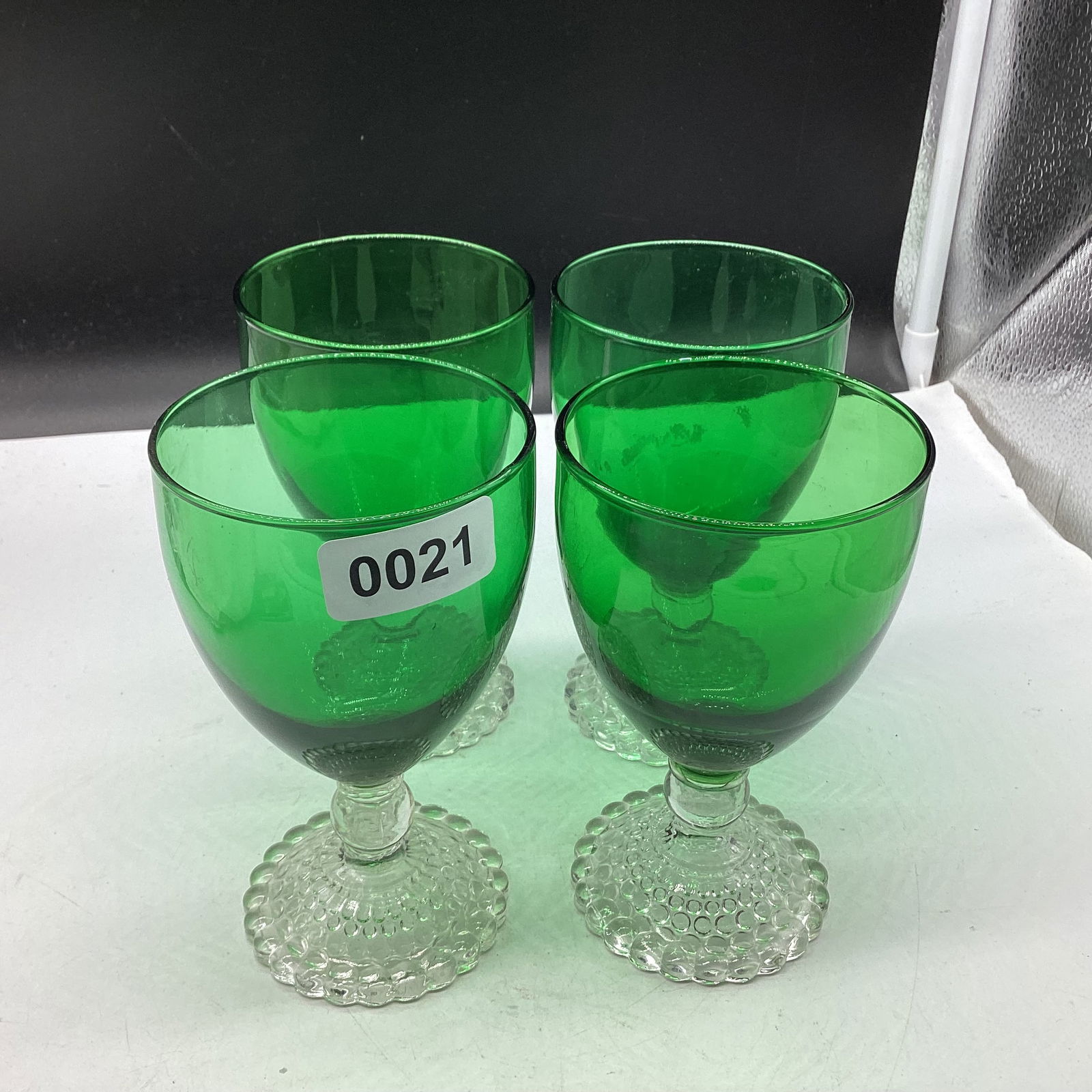 4 1950'S FOREST GREEN WATER TUMBLEERTS W/BOOPIE FEET: 5 1/2" TALL GOOD SHAPE