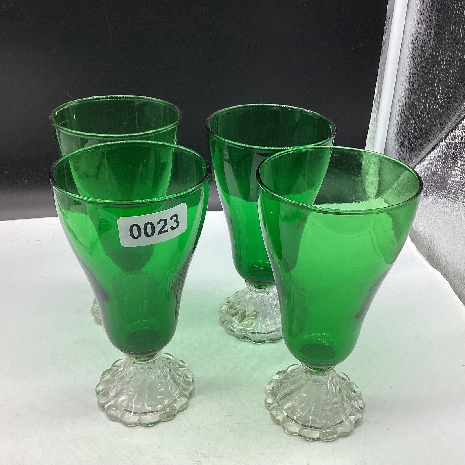 4 1950'S FOREST GEEN ICE TEA TUMBLERS W/BOOPIE FEET: 6 3/4" TALL GOOD SHAPE