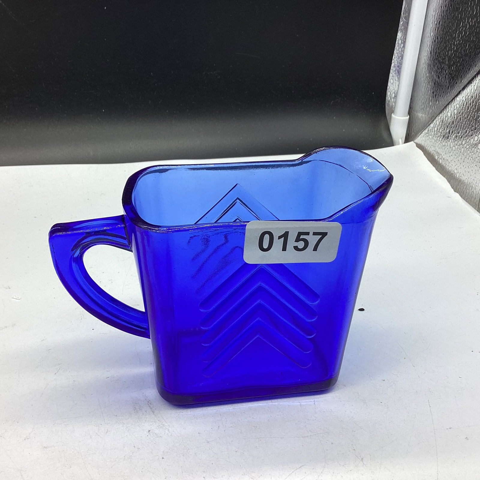 DEPRESSION BLUE CHEVRON LARGE CREAMER: 4" TALL GOOD SHAPE