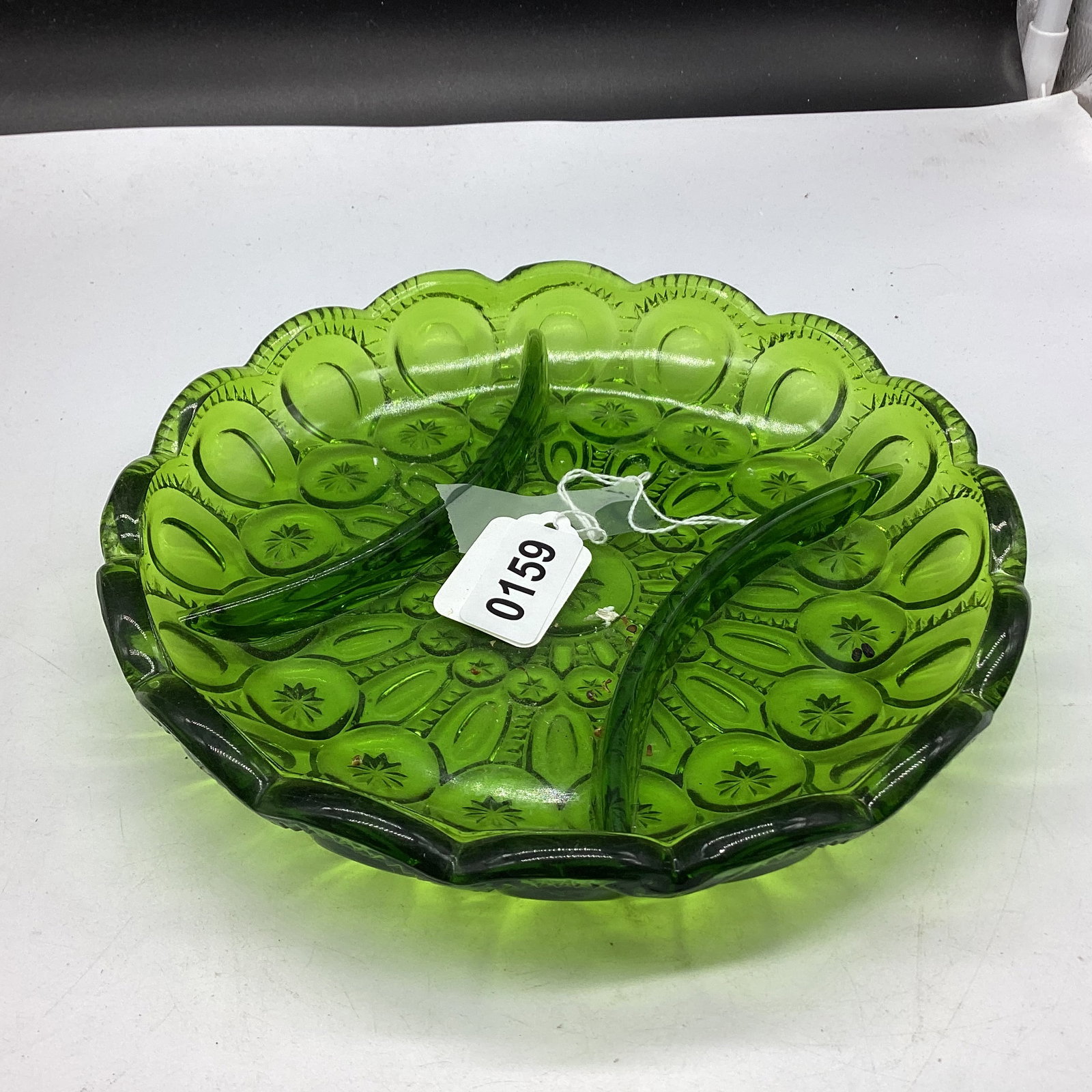 SMITH GLASS MOON & STAR 3 PART RELISH DISH: 1 1/2 X 8 1/2 GOOD SHAPE