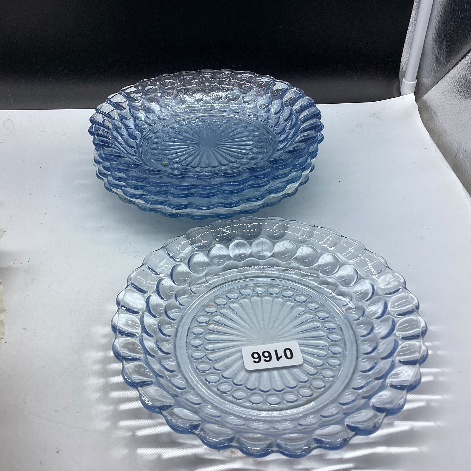 6 DEPRESSION BLUE BUBBLE FLAT SOUP BOWLS: 8" W GOOD SHAPE