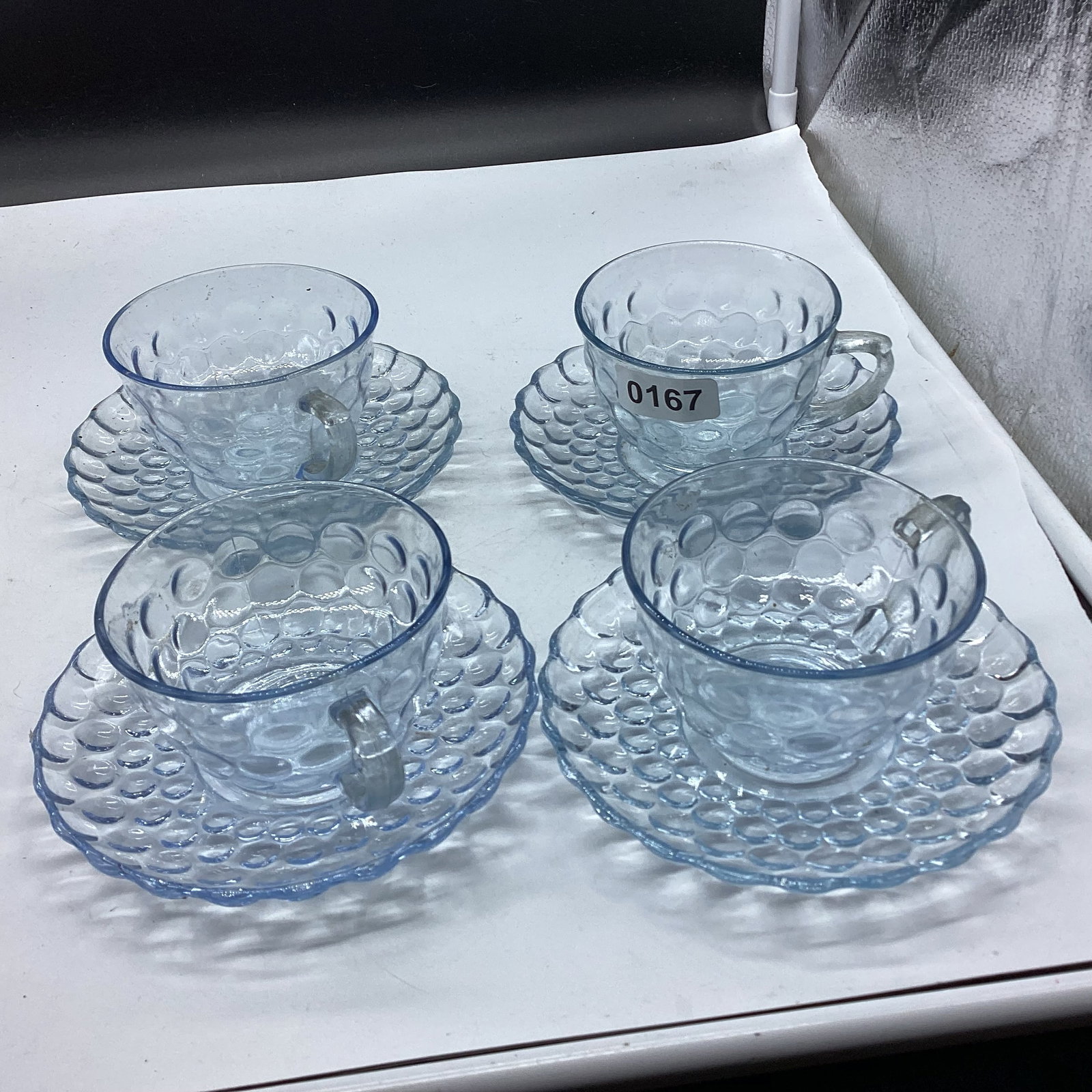4 DEPRESSION BLUE BUBBLE CUP & SAUCERS: GOOD SHAPE