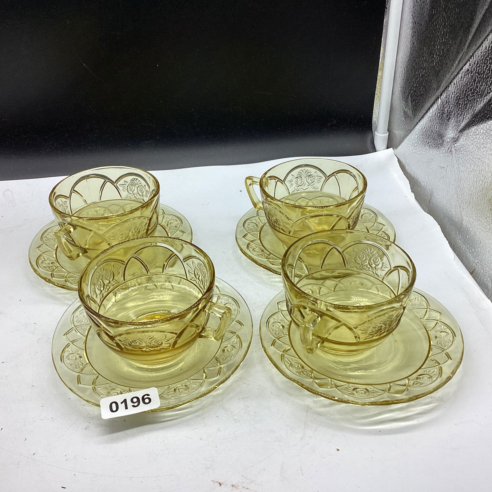 4 DEPRESSION DUTCH ROSE OR ROSEMARY CUP & SAUCERS: GOOD SHAPE