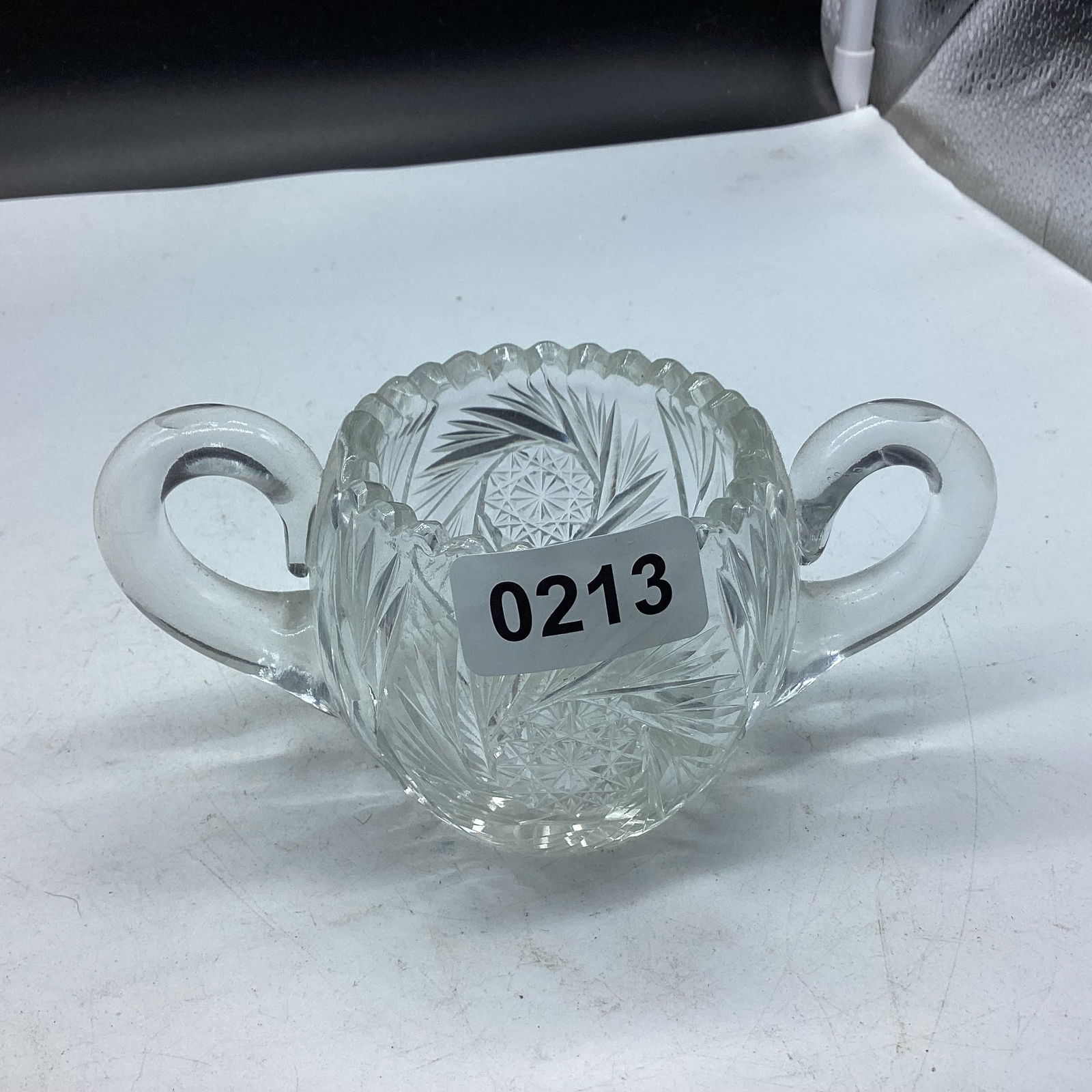 VINTAGE CUT GLASS PINWHEEL SUGAR BOWL: 3" X 6" GOOD SHAPE