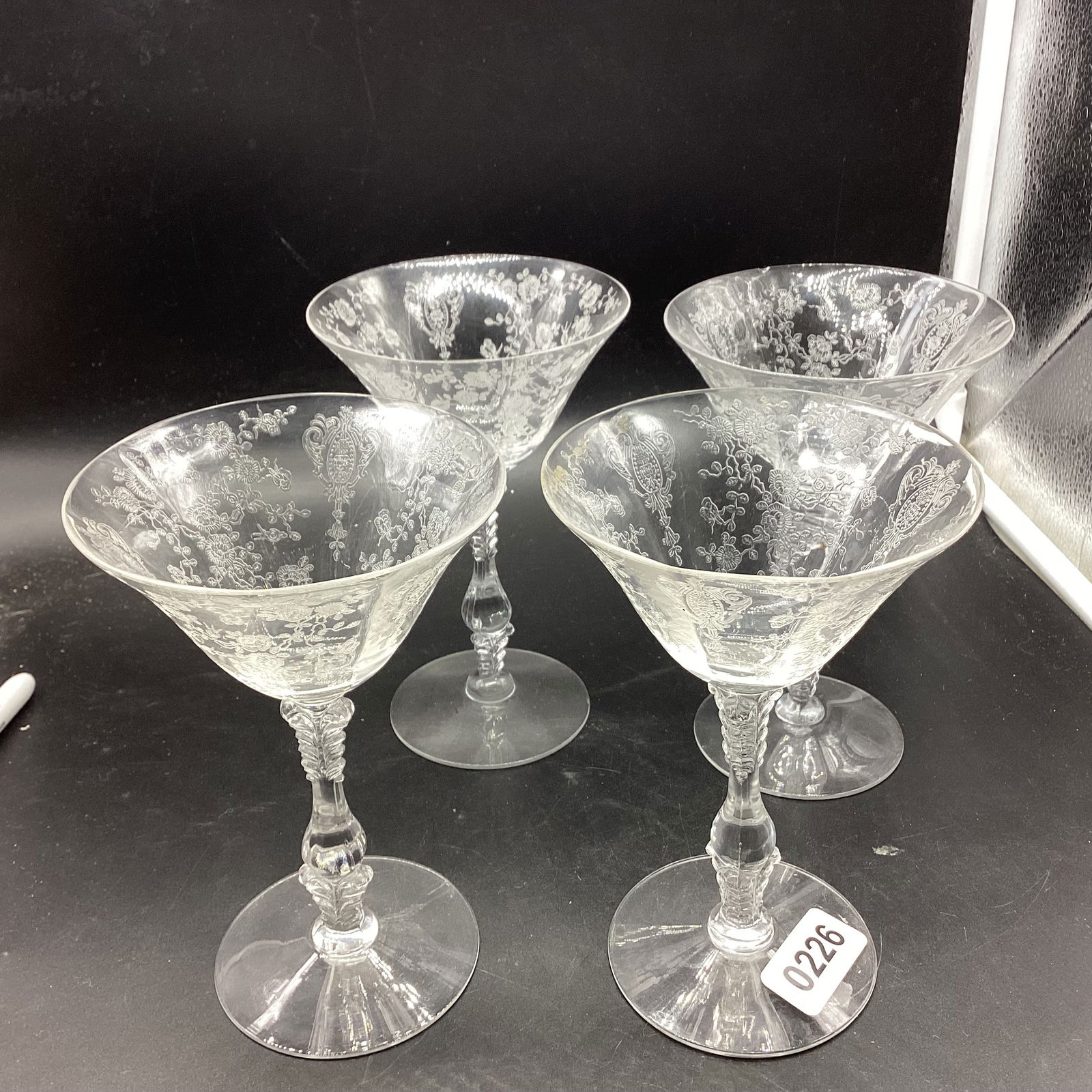 4 ELEGANT GLASS ROSEPOINT TALL CHAMPANE SHERBERTS: 6 1/4" TALL GOOD SHAPE ONE HAD CHIP ON TOP RIM