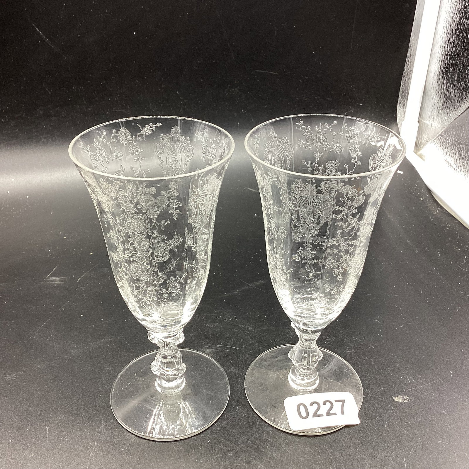 2 ELEGANT GLASS ROSEPOINT GOBLETS: 5 3/4" TALL GOOD SHAPE