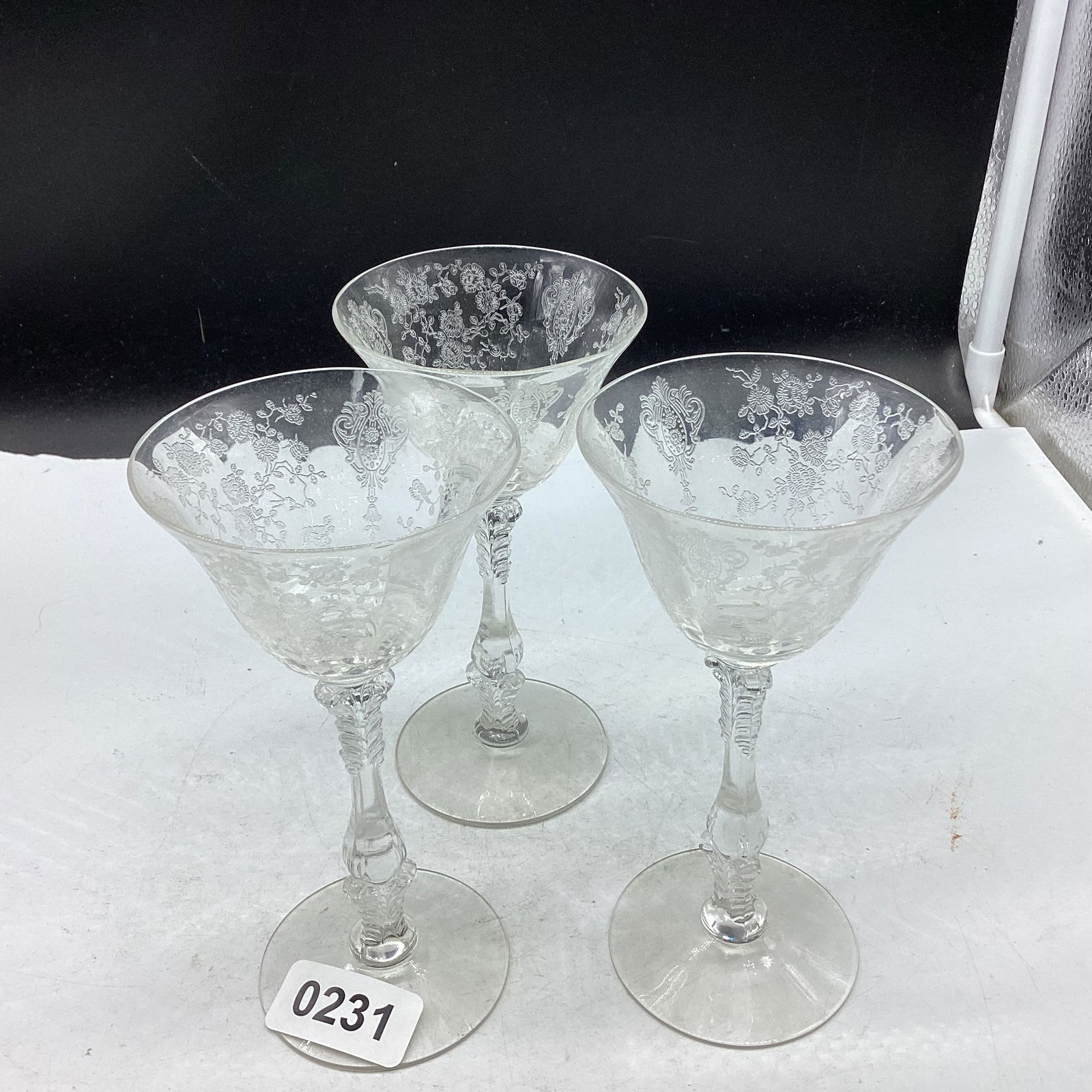 3 ELEGANT GLASS ROSEPOINT 3 OZ CORDIALS: GOOD SHAPE