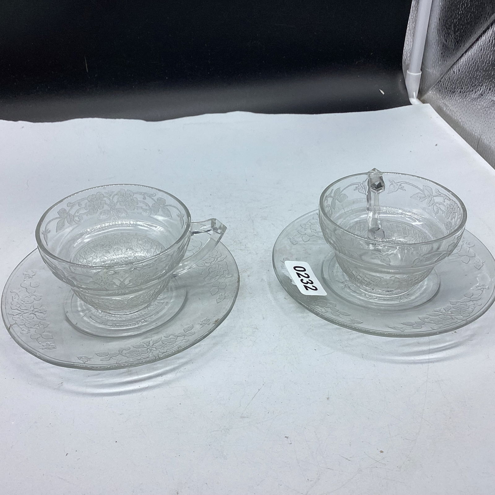 2 DEPRESSION CLEAR VERNON CUP & SAUCERS: GOOD SHAPE