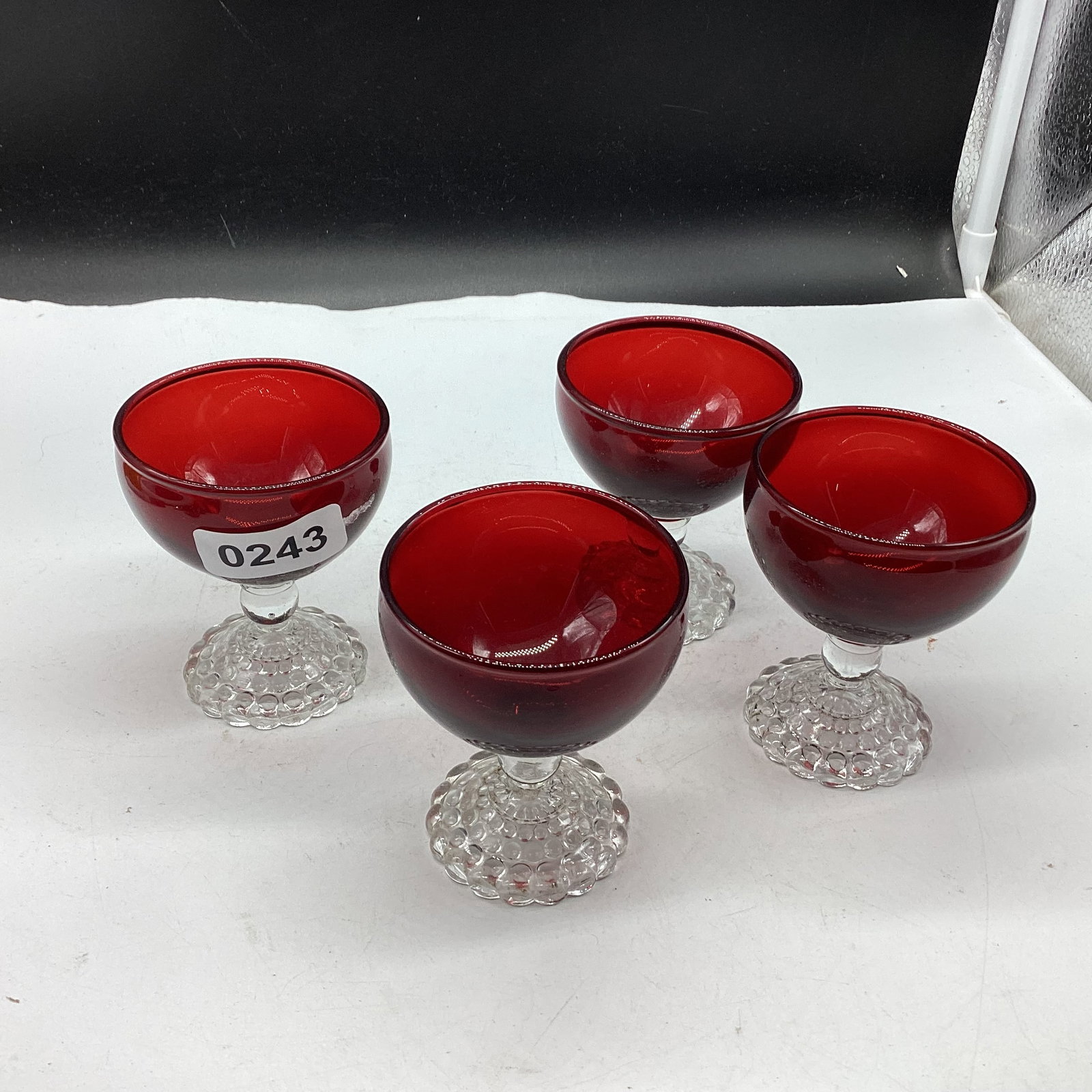4 DEPRESSION RUBY RED COCKTAILS W/BOOPIE FEET: 3 1/4" TALL GOOD SHAPE