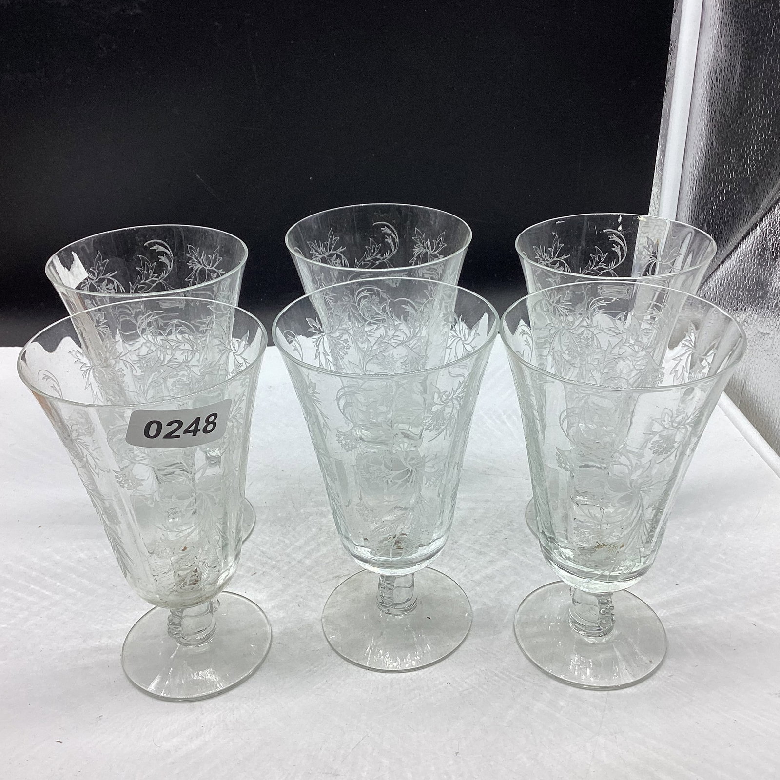 6 FOSTORIA HEATHER PATTERN ICE TEA TUMBLERS: 6 1/4" TALL GOOD SHAPE