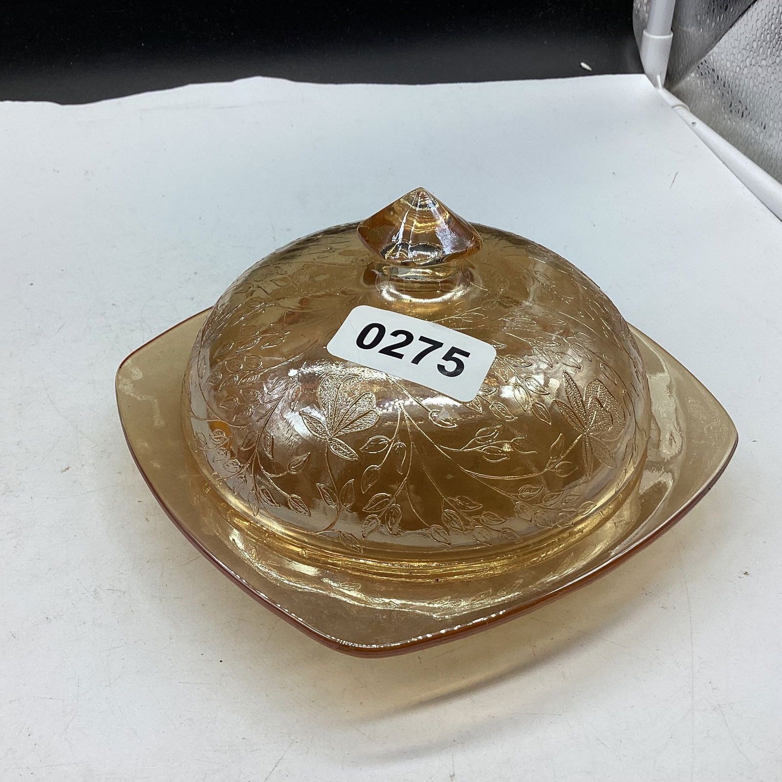 DEPRESSION FLORAGOLD BUTTER DISH: 6 1/2" W GOOD SHAPE
