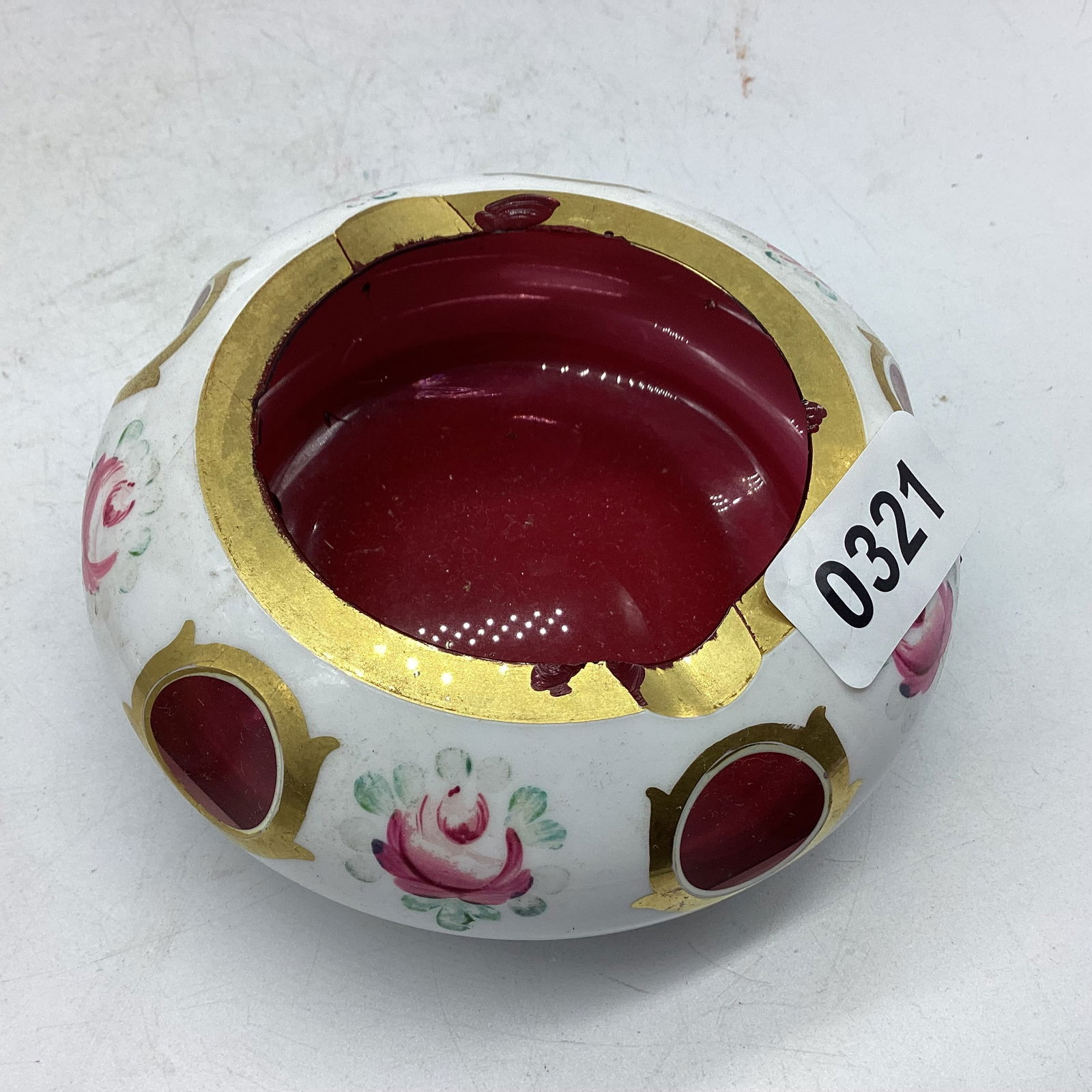 VINTAGE CRANBERRY BOHEMIAN GLASS ASHTRAY: 2 1/4 X 4 1/2 FEW CHIPS SEE IN PICTURE