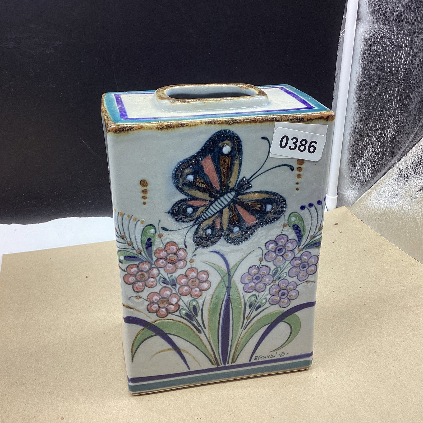 BUTTERFLY STONEWARE VASE MADE IN MEXICO: 6"T X 6" W GOOD SHAPE