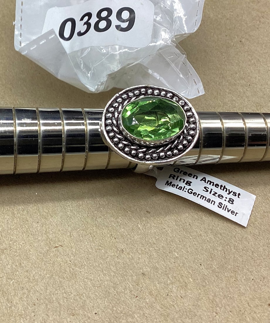 GERMAN SILVER RING GREEN AMETHYST SIZE 8: GOOD SHAPE