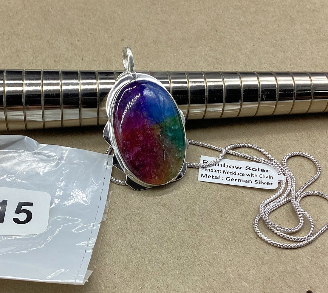 GERMAN SILVER PENDANT NECKLACE W/CHAION RAINBOW SOLAR STONE: GOOD SHAPE
