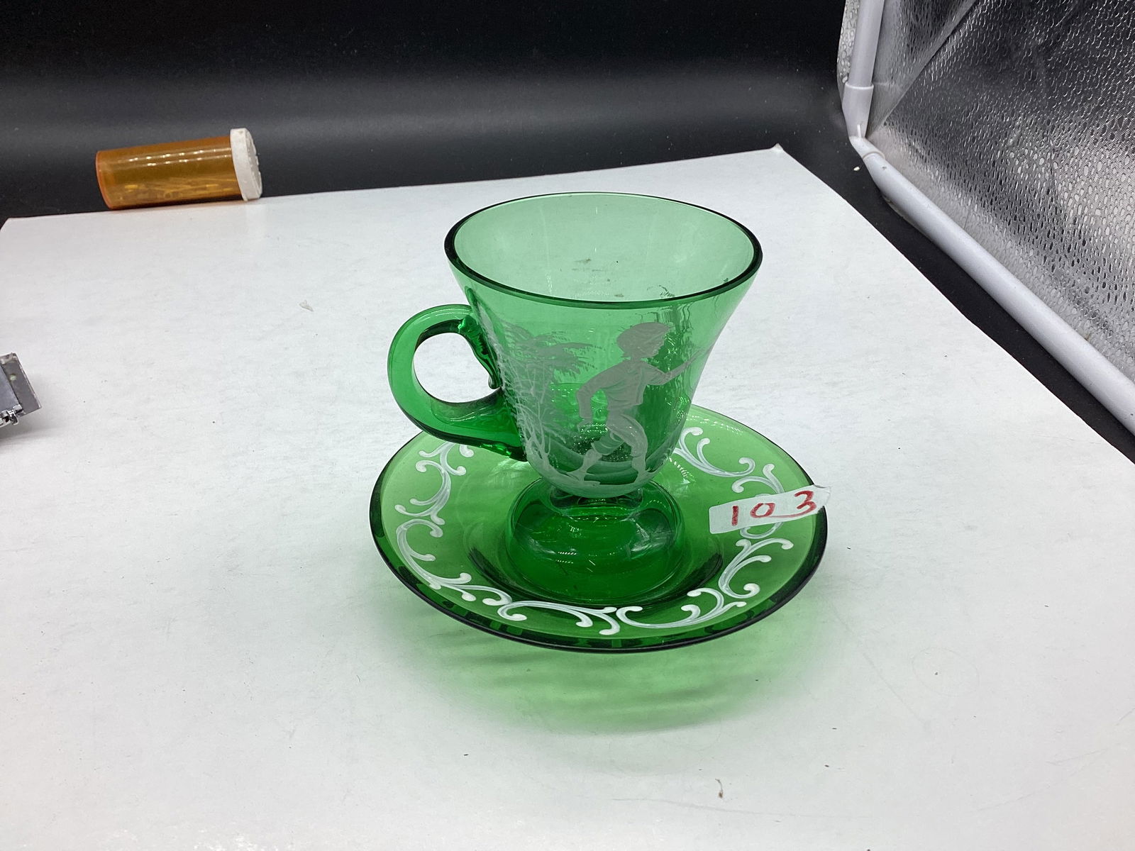 HAND PAINTED MARY GREGORY CUP & SAUCER: GOOD SHAPE