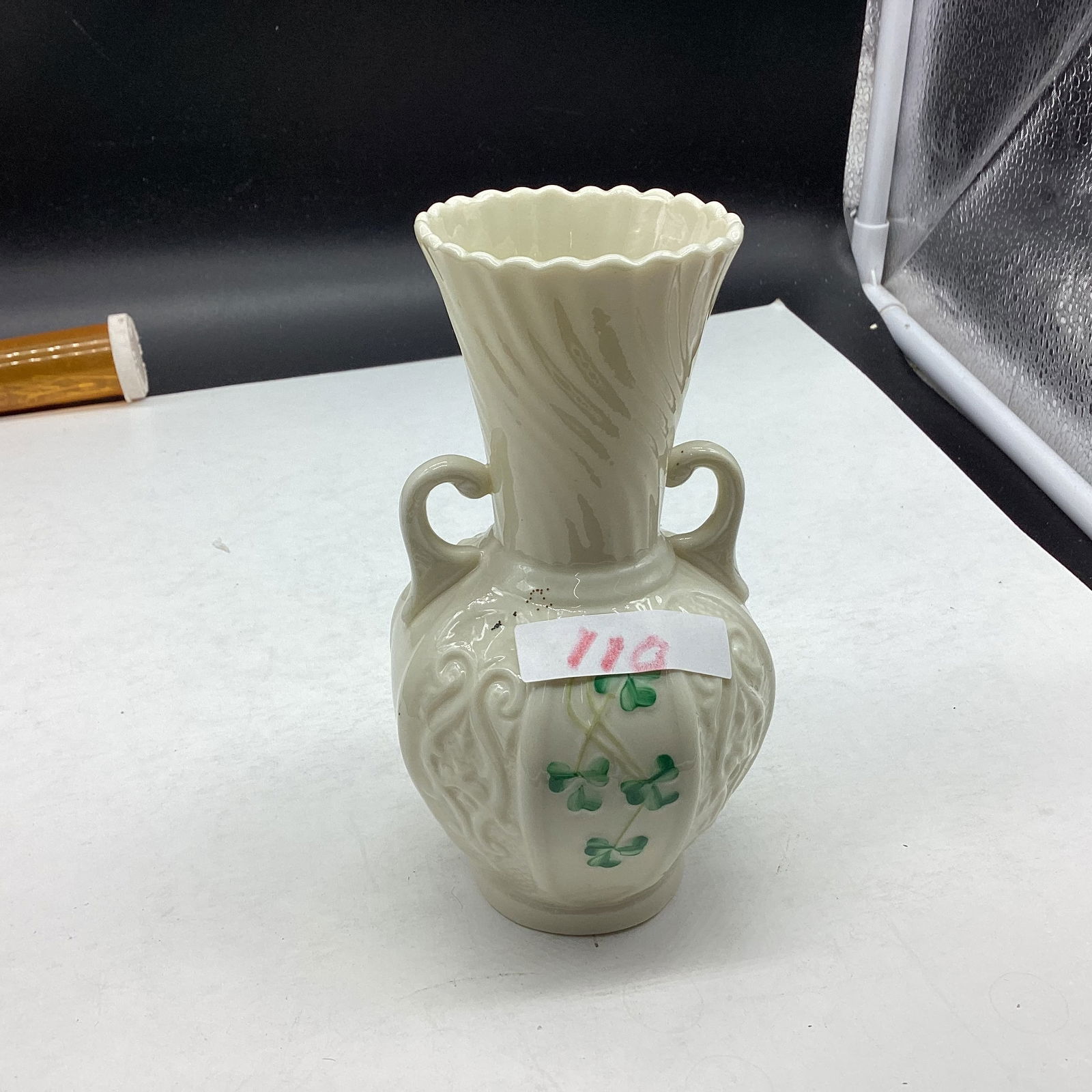 VINTAGE BELEEK SHAMROCK PATTERN VASE: 6" TALL GOOD SHAPE
