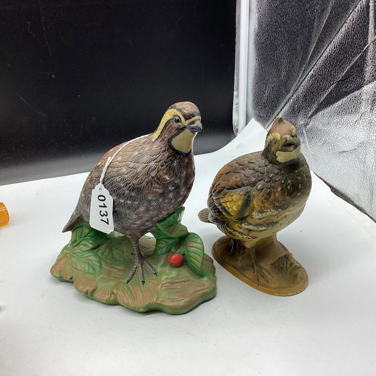 PAIR BOB WHITE QUAIL BIRD FIGURINES: LARGE 7 1/2" T AND SMALL 7" T GOOD SHAPE