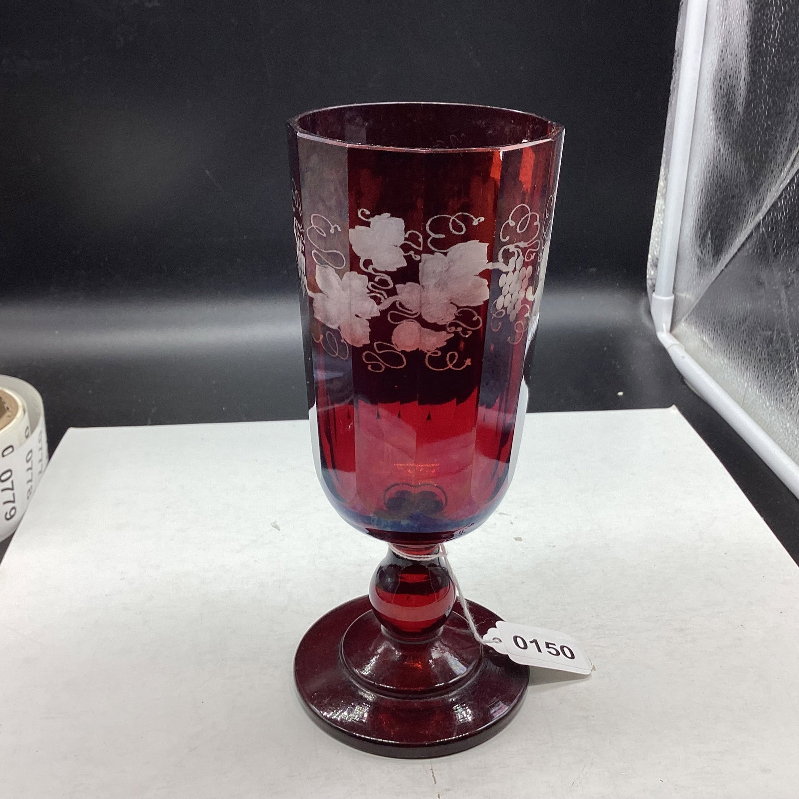 RED BOHEMIAN GRAPE & IVEY VASE: 8 1/2" TALL GOOD SHAPE