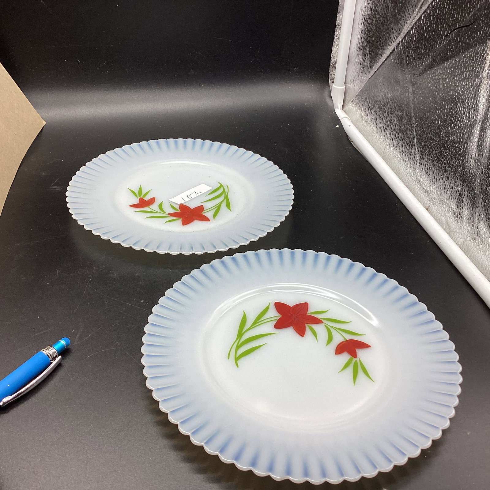 2 DEPRESSION HAND PAINTED FLOUETE PATTERN PLATE: 8" W GOOD SHAPE