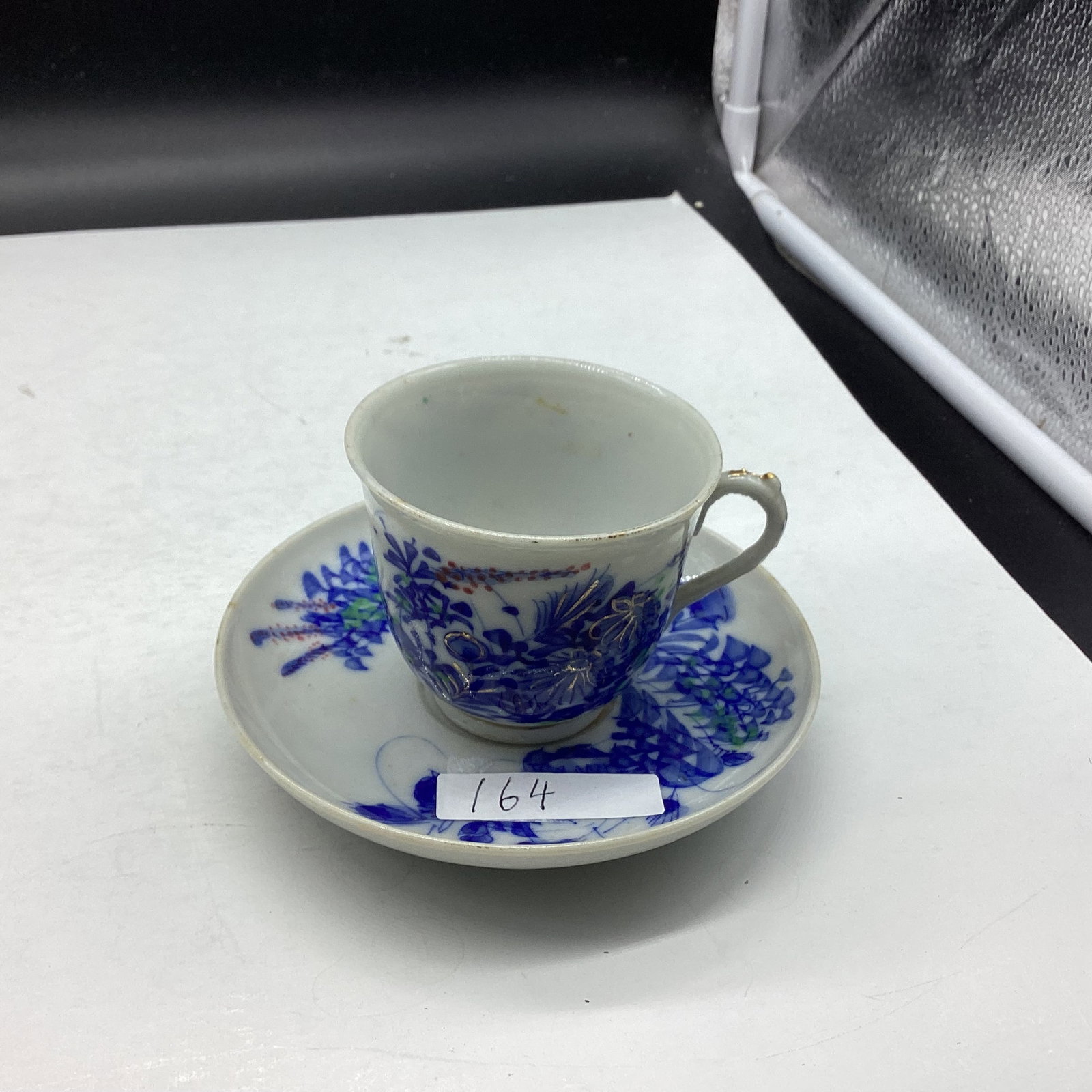 PORCELIAN BLUE & WHITE DEMITASSIE CUP & SAUCER: GOOD SHAPE