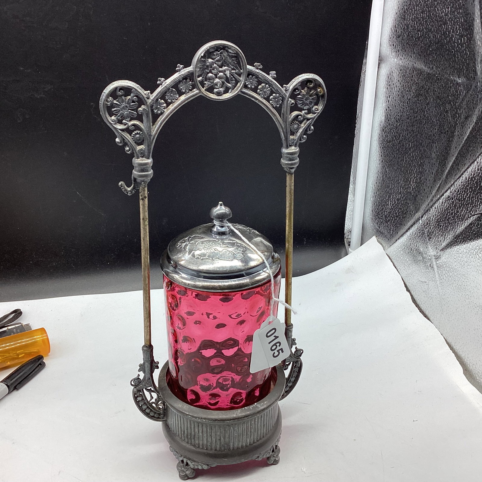 VINTAGE CRANBERRY DOT PICKLE CASTOR IN QUARDROPLE PLATE HOLDER: 5 1/2" W X 12 1/4" TALL GOOD SHAPE