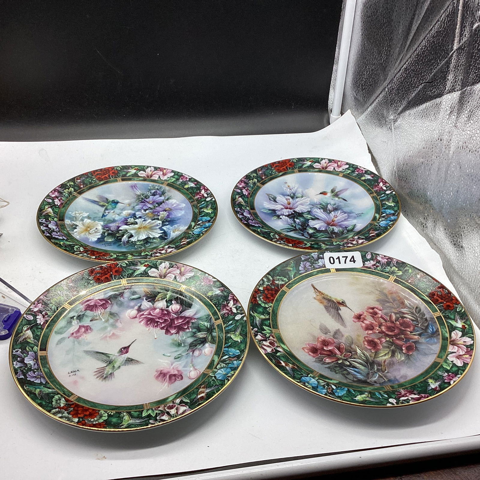 4 1992 PORCELIAN HUMMINGBIRD PLATE BY W. L. GEORGE: 7 3/8" W GOOD SHAPE